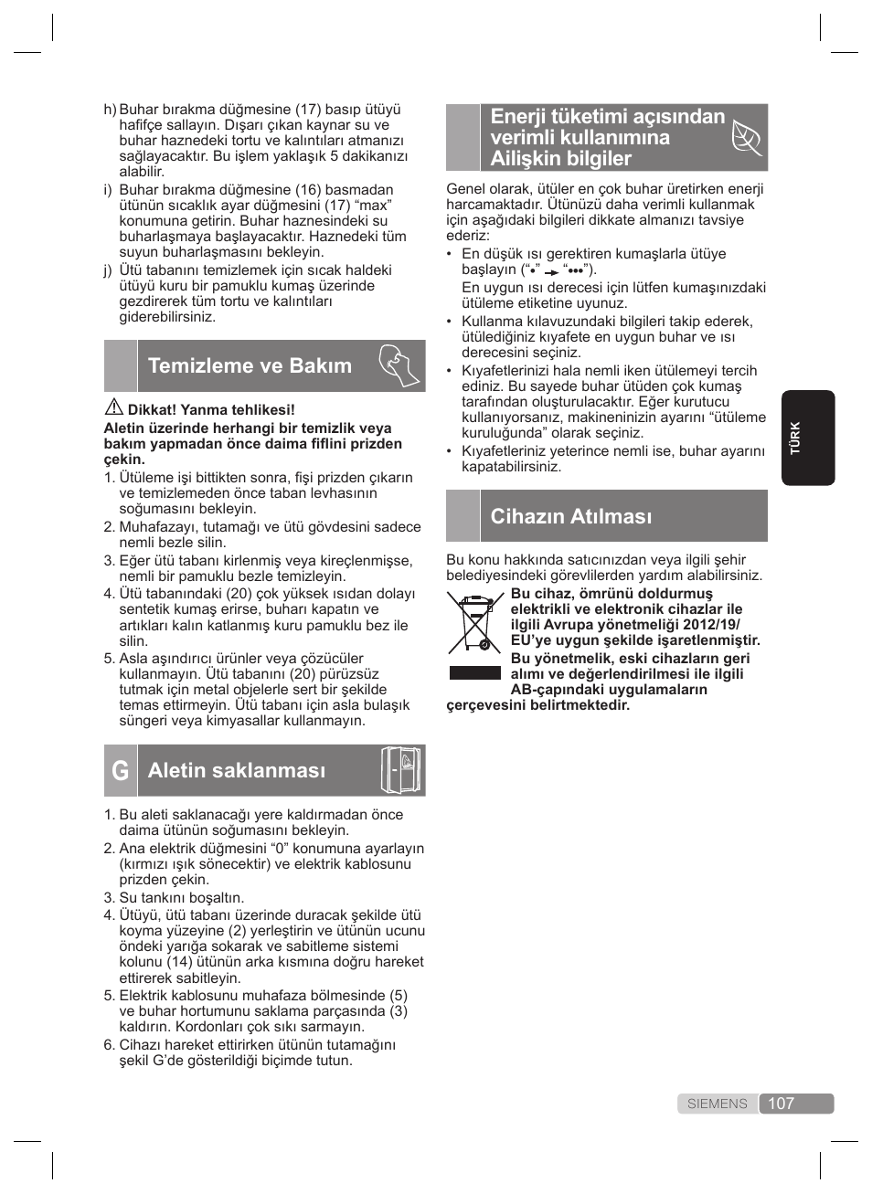 Cihazın atılması, Temizleme ve bakım, Aletin saklanması | Siemens TS22XTRM User Manual | Page 107 / 160