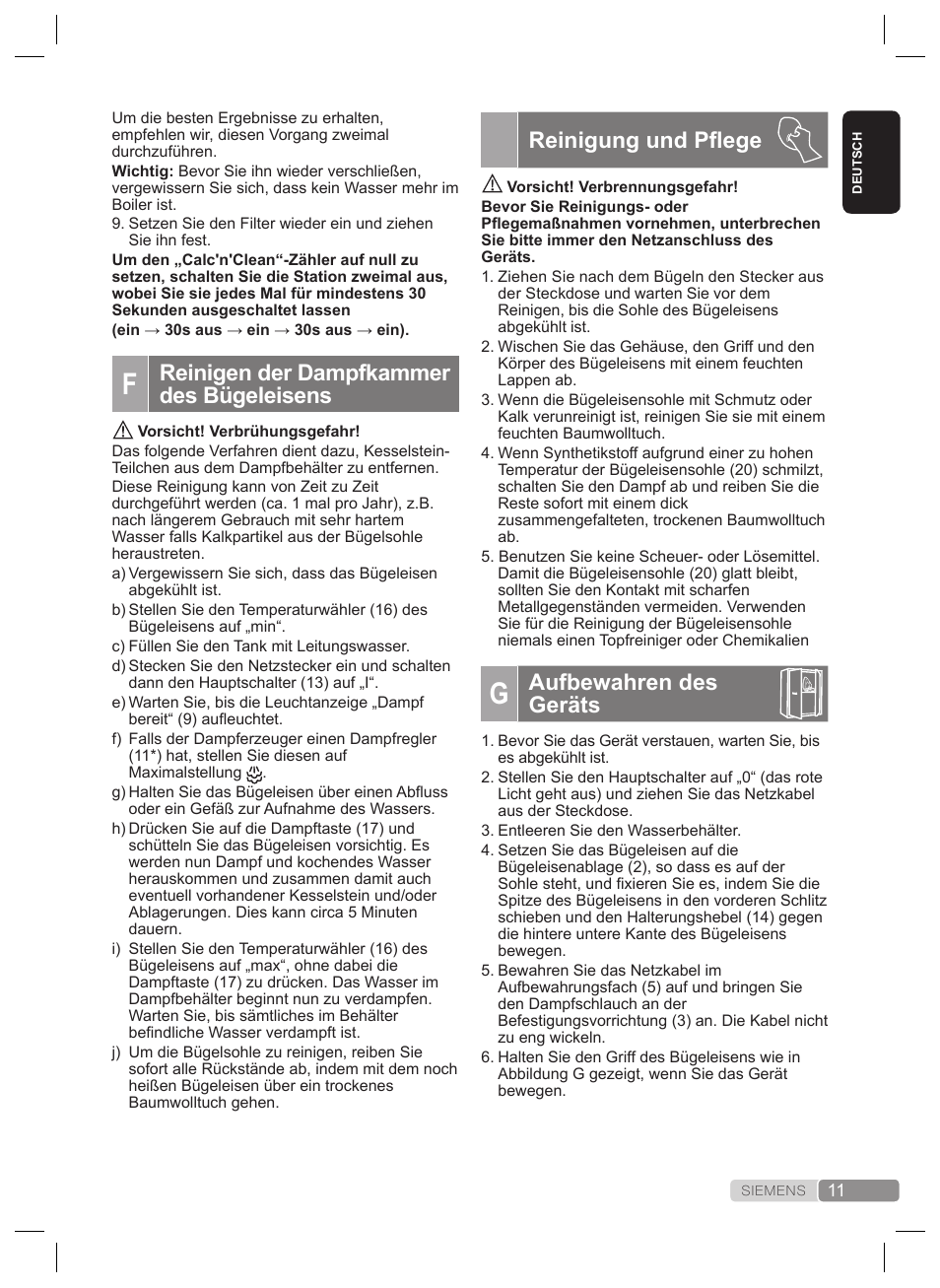 Reinigung und pflege, Aufbewahren des geräts, Reinigen der dampfkammer des bügeleisens | Siemens TS22XTRM User Manual | Page 11 / 160