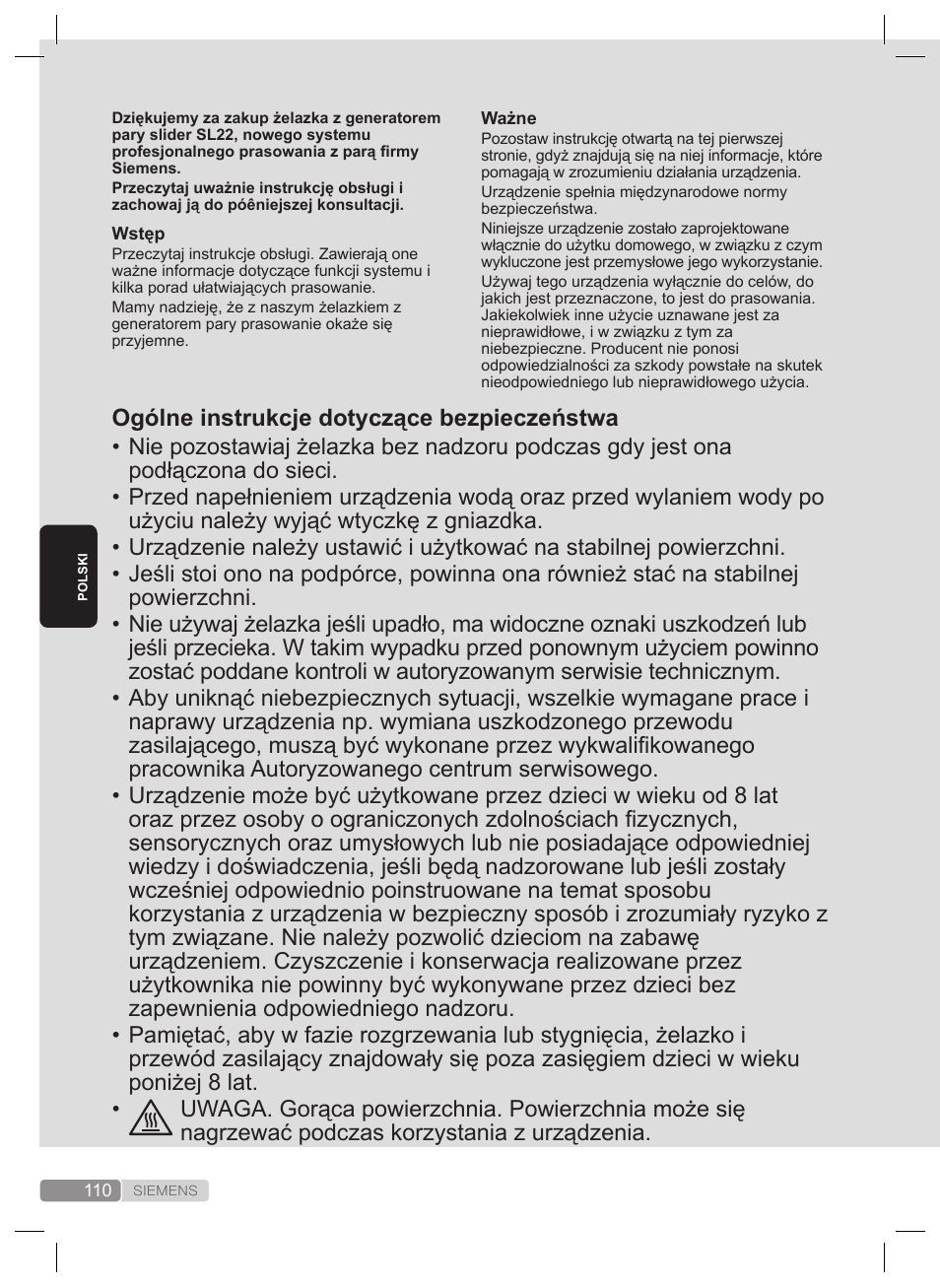 Ogólne instrukcje dotyczące bezpieczeństwa | Siemens TS22XTRM User Manual | Page 110 / 160