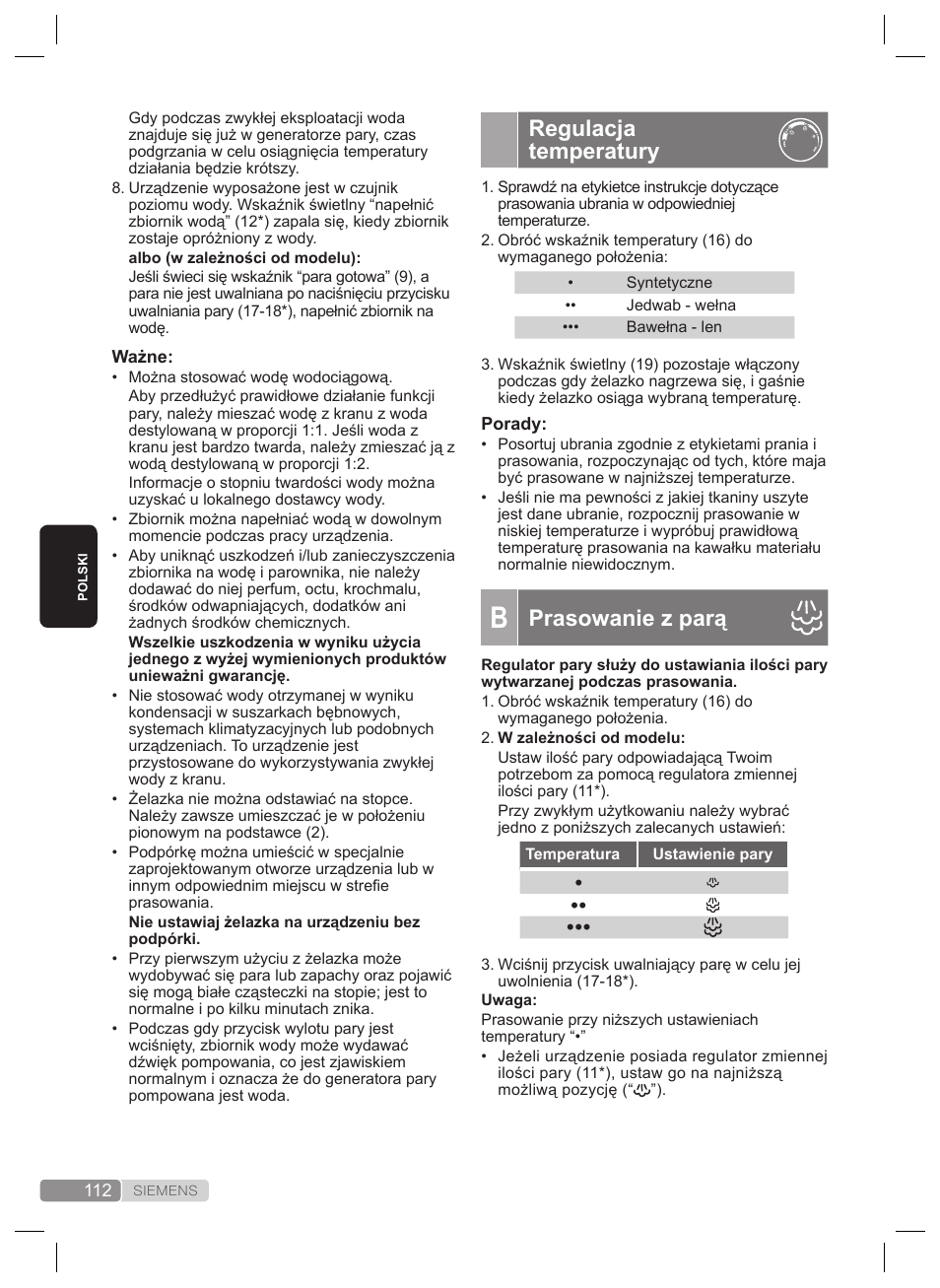 Regulacja temperatury, Prasowanie z parą | Siemens TS22XTRM User Manual | Page 112 / 160