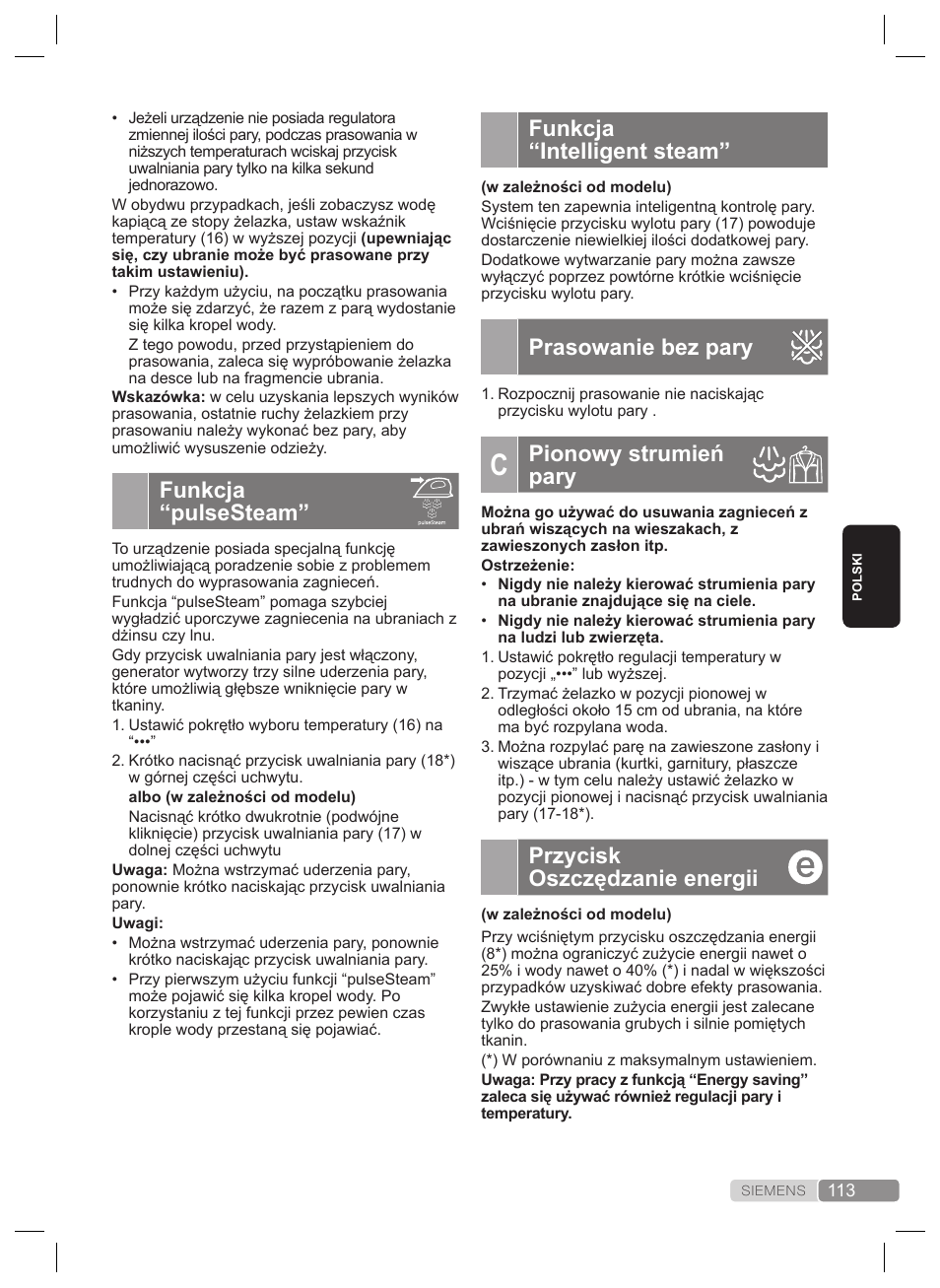Funkcja “intelligent steam, Prasowanie bez pary, Pionowy strumień pary | Przycisk oszczędzanie energii, Funkcja “pulsesteam | Siemens TS22XTRM User Manual | Page 113 / 160