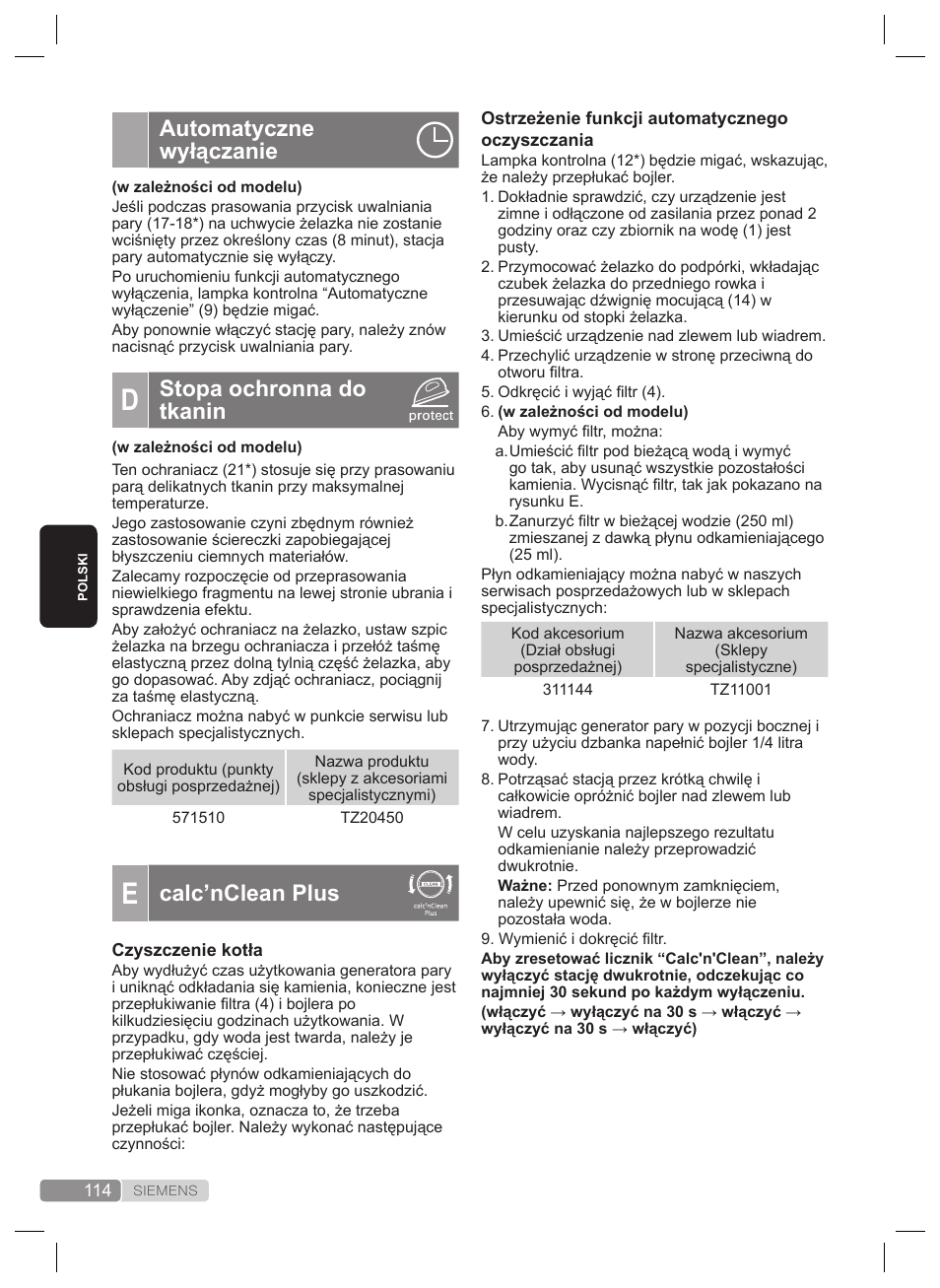 Automatyczne wyłączanie, Stopa ochronna do tkanin, Calc’nclean plus | Siemens TS22XTRM User Manual | Page 114 / 160