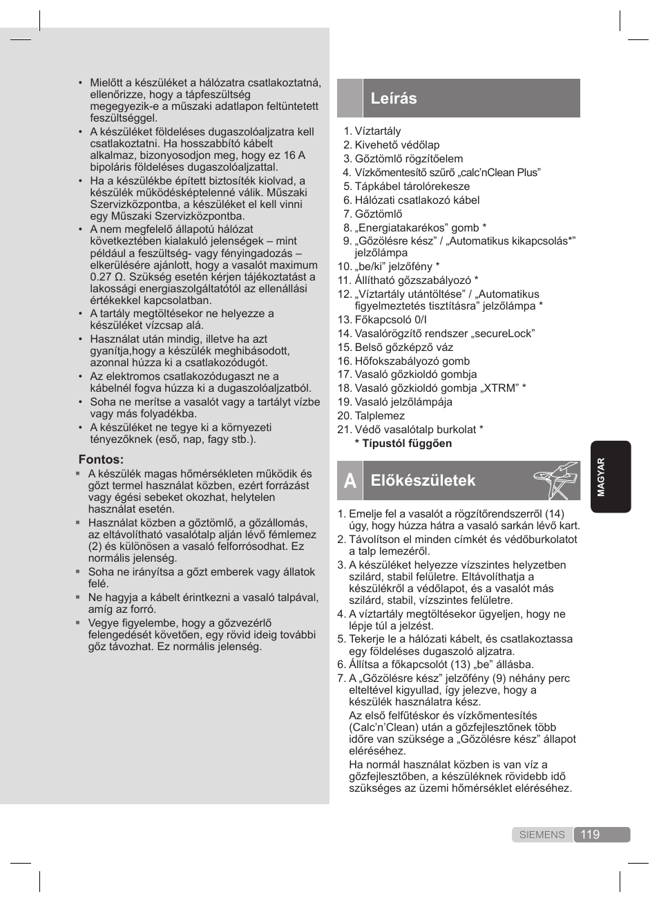 Leírás, Előkészületek | Siemens TS22XTRM User Manual | Page 119 / 160