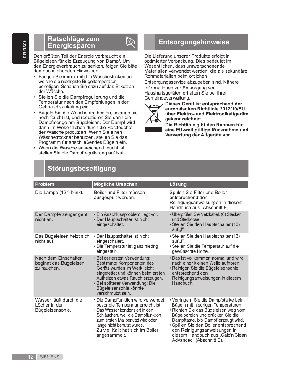 Entsorgungshinweise, Ratschläge zum energiesparen, Störungsbeseitigung | Siemens TS22XTRM User Manual | Page 12 / 160