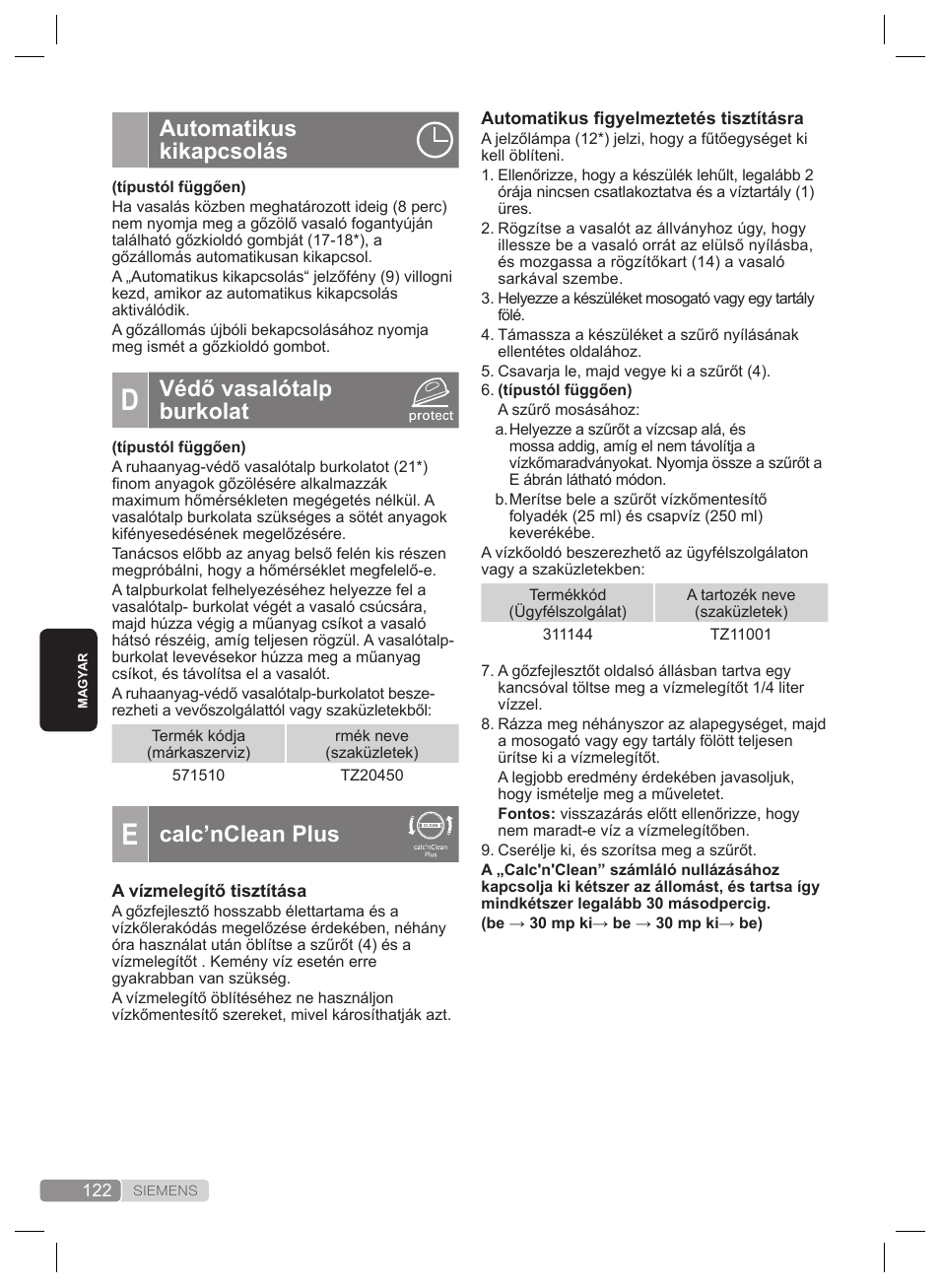 Automatikus kikapcsolás, Védő vasalótalp burkolat, Calc’nclean plus | Siemens TS22XTRM User Manual | Page 122 / 160