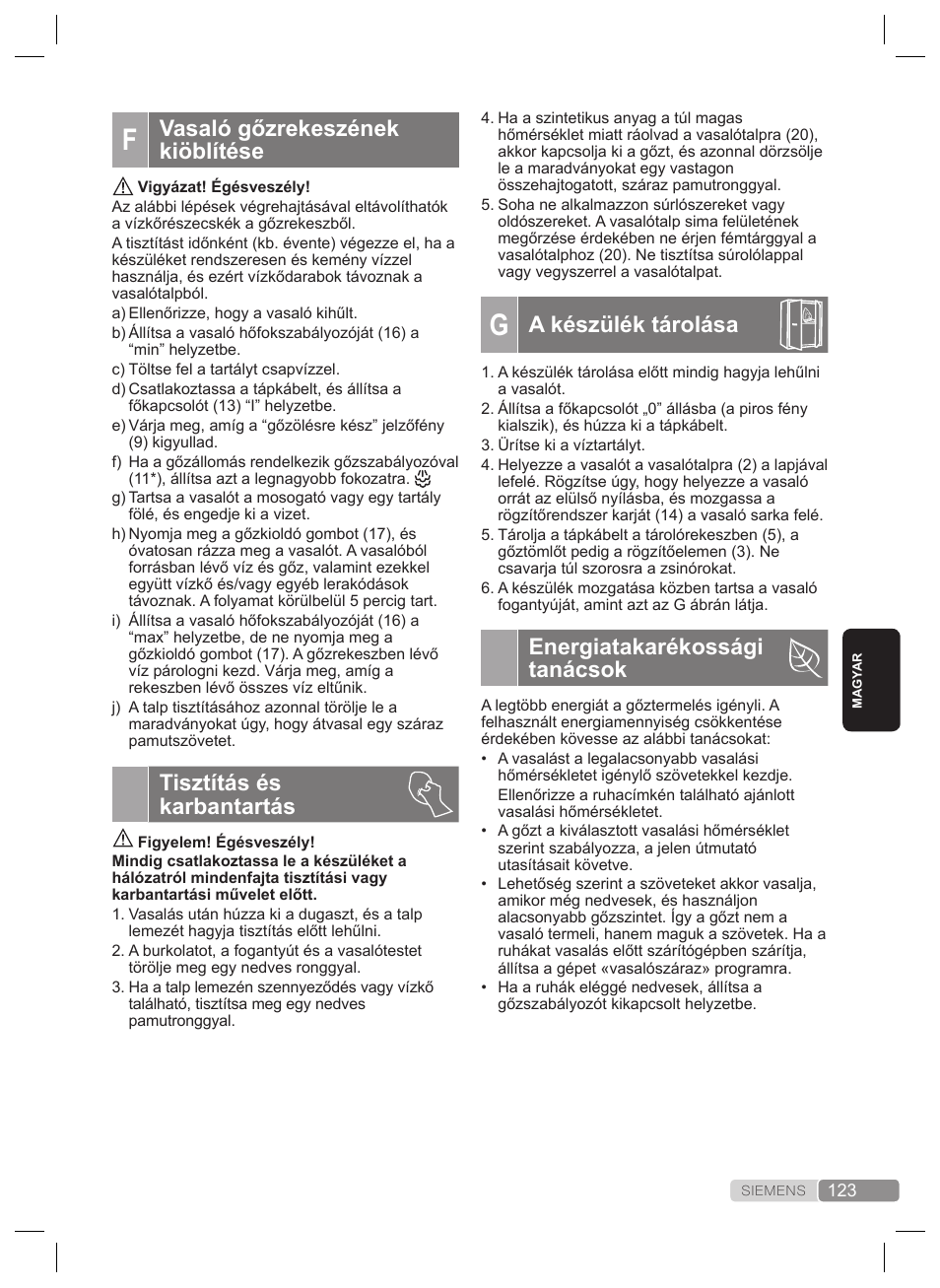 A készülék tárolása, Energiatakarékossági tanácsok, Vasaló gőzrekeszének kiöblítése | Tisztítás és karbantartás | Siemens TS22XTRM User Manual | Page 123 / 160