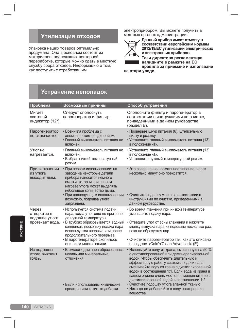Устранение неполадок, Утилизация отходов | Siemens TS22XTRM User Manual | Page 140 / 160