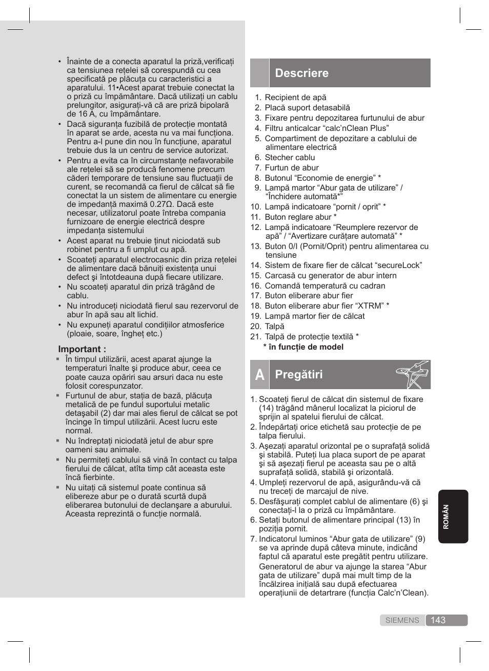 Descriere, Pregătiri | Siemens TS22XTRM User Manual | Page 143 / 160