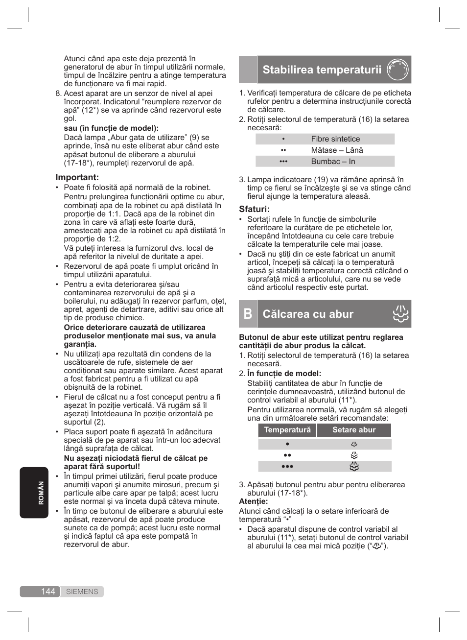 Stabilirea temperaturii, Călcarea cu abur | Siemens TS22XTRM User Manual | Page 144 / 160