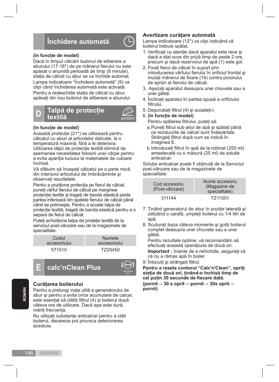 Închidere automată, Talpă de protecţie textilă, Calc’nclean plus | Siemens TS22XTRM User Manual | Page 146 / 160