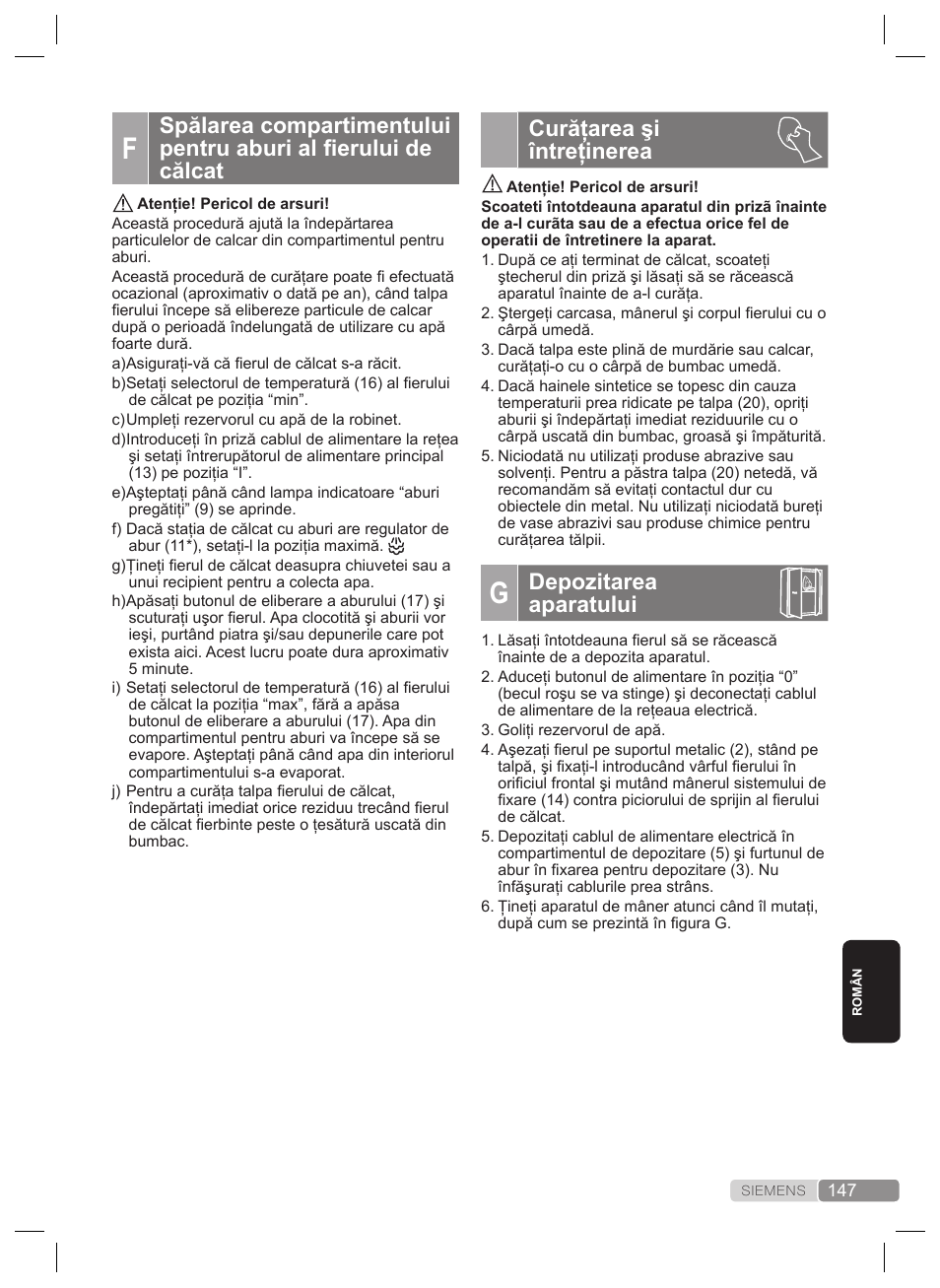 Curăţarea şi întreţinerea, Depozitarea aparatului | Siemens TS22XTRM User Manual | Page 147 / 160