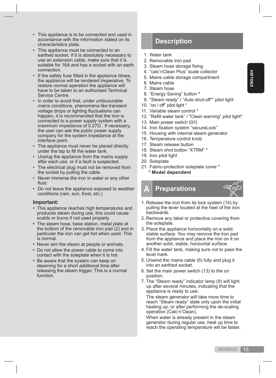 Description, Preparations | Siemens TS22XTRM User Manual | Page 15 / 160