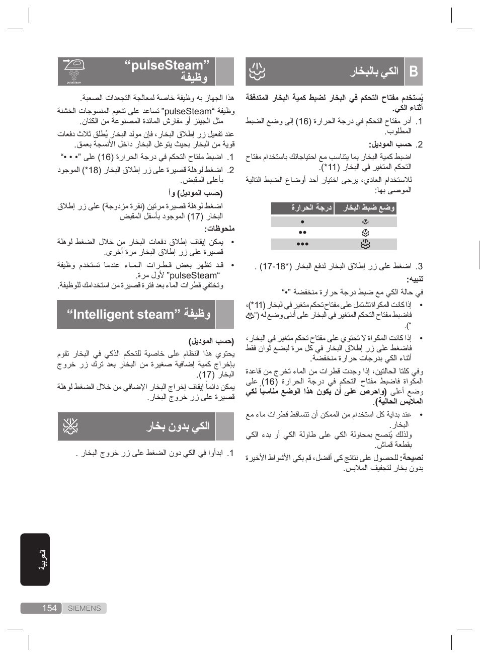 ةرارحلا طبض, راخبلاب يكلا, Pulsesteam” ةفيظو | Intelligent steam” ةفيظو, راخب نودب يكلا, حئاصن | Siemens TS22XTRM User Manual | Page 154 / 160