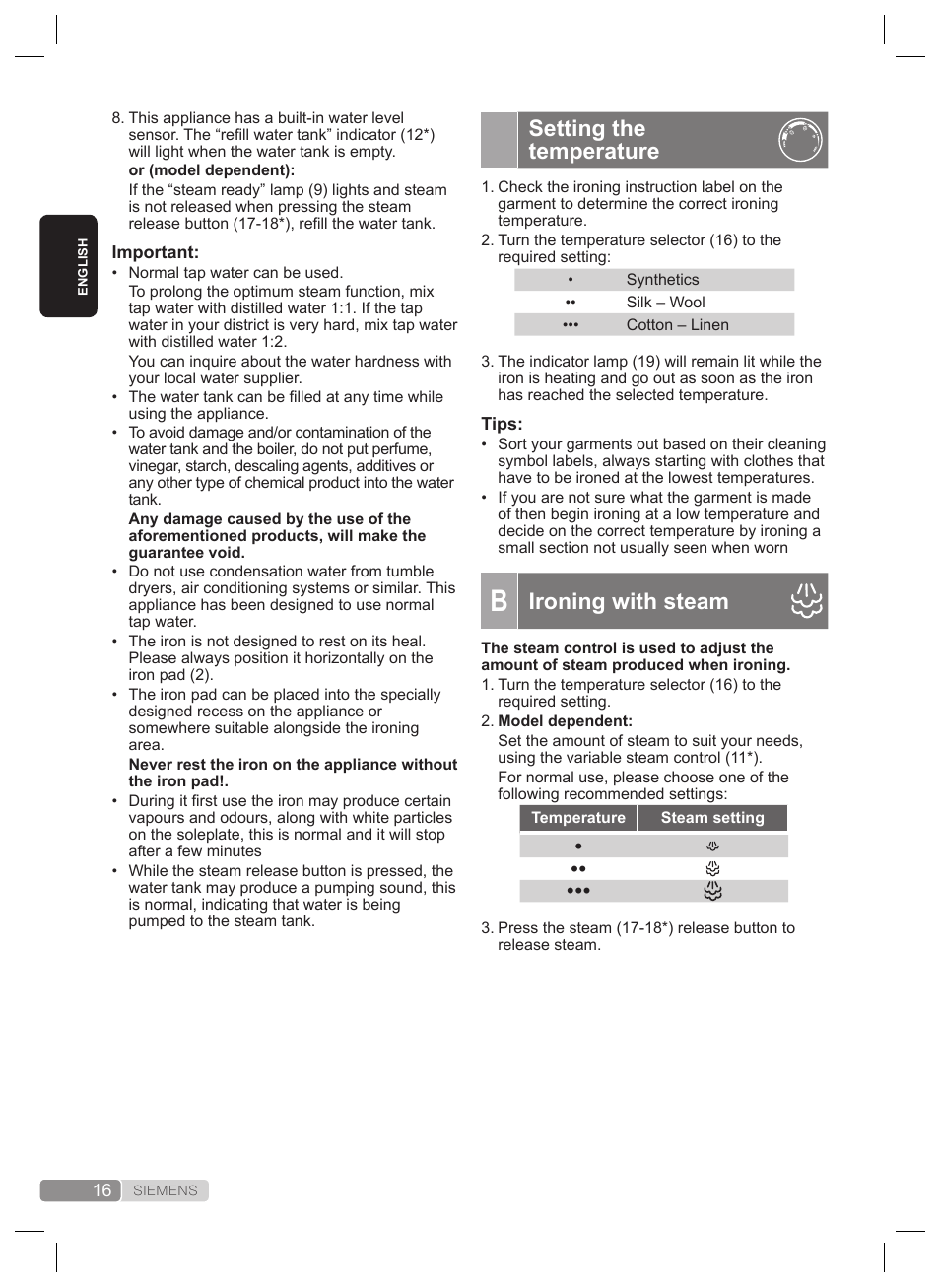 Setting the temperature, Ironing with steam | Siemens TS22XTRM User Manual | Page 16 / 160