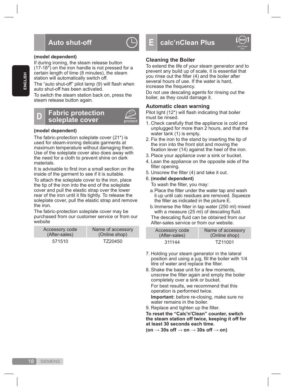 Calc’nclean plus, Auto shut-off, Fabric protection soleplate cover | Siemens TS22XTRM User Manual | Page 18 / 160