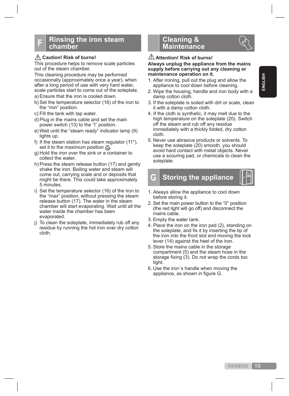 Cleaning & maintenance, Storing the appliance, Rinsing the iron steam chamber | Siemens TS22XTRM User Manual | Page 19 / 160