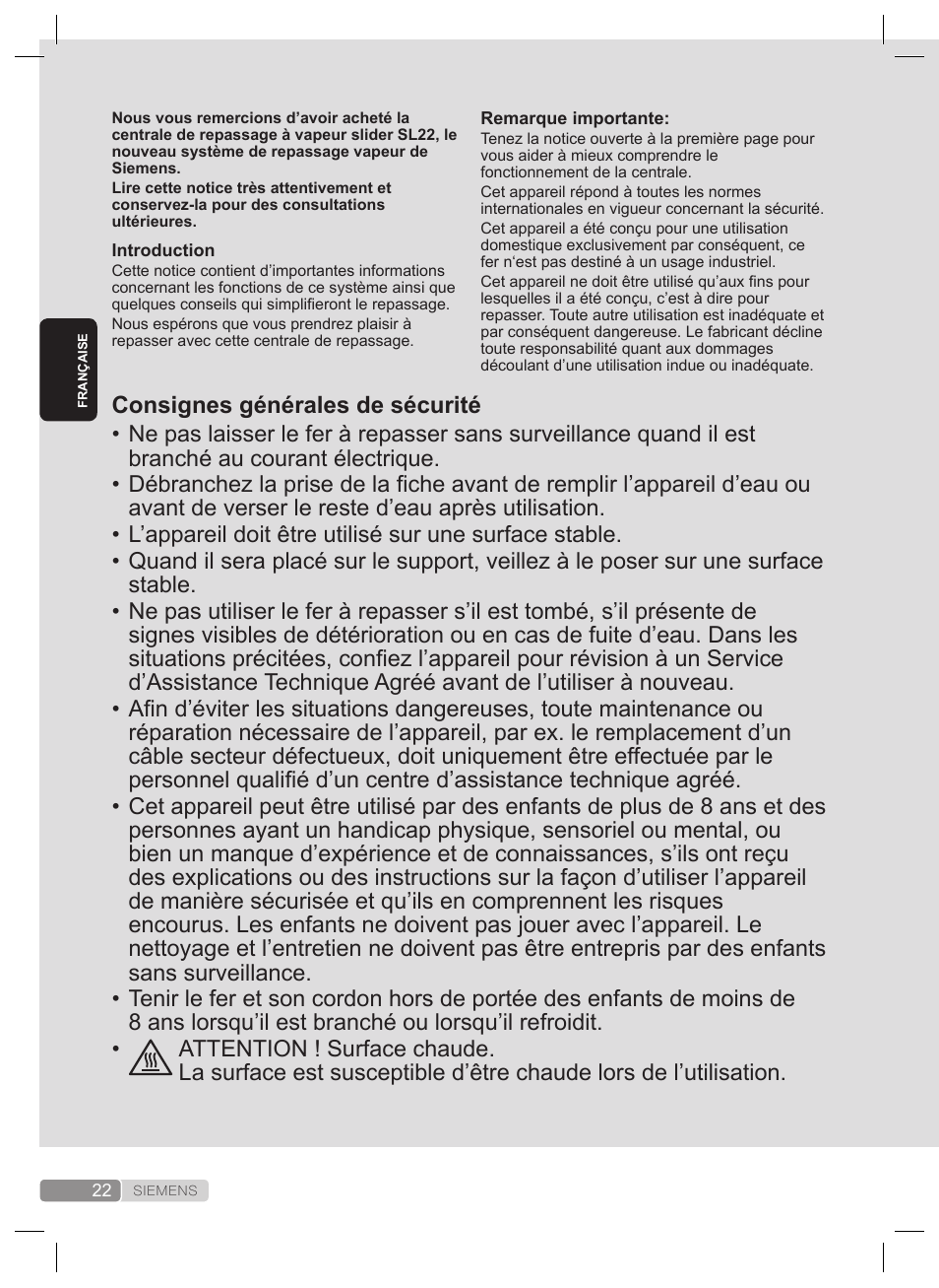 Consignes générales de sécurité | Siemens TS22XTRM User Manual | Page 22 / 160