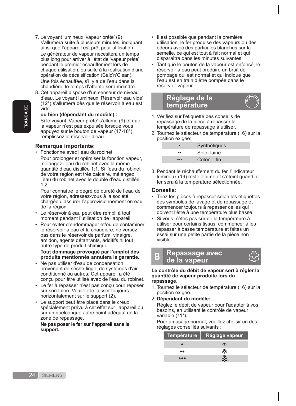 Réglage de la température, Repassage avec de la vapeur | Siemens TS22XTRM User Manual | Page 24 / 160