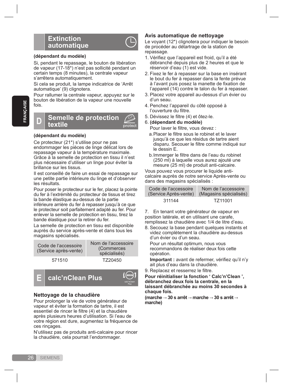 Extinction automatique, Semelle de protection textile, Calc’nclean plus | Siemens TS22XTRM User Manual | Page 26 / 160