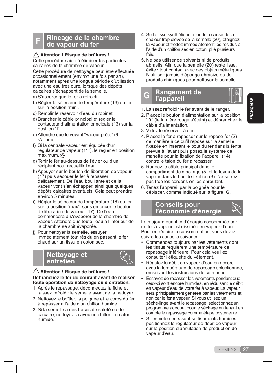 Rangement de l’appareil, Conseils pour l’économie d’énergie, Rinçage de la chambre de vapeur du fer | Nettoyage et entretien | Siemens TS22XTRM User Manual | Page 27 / 160