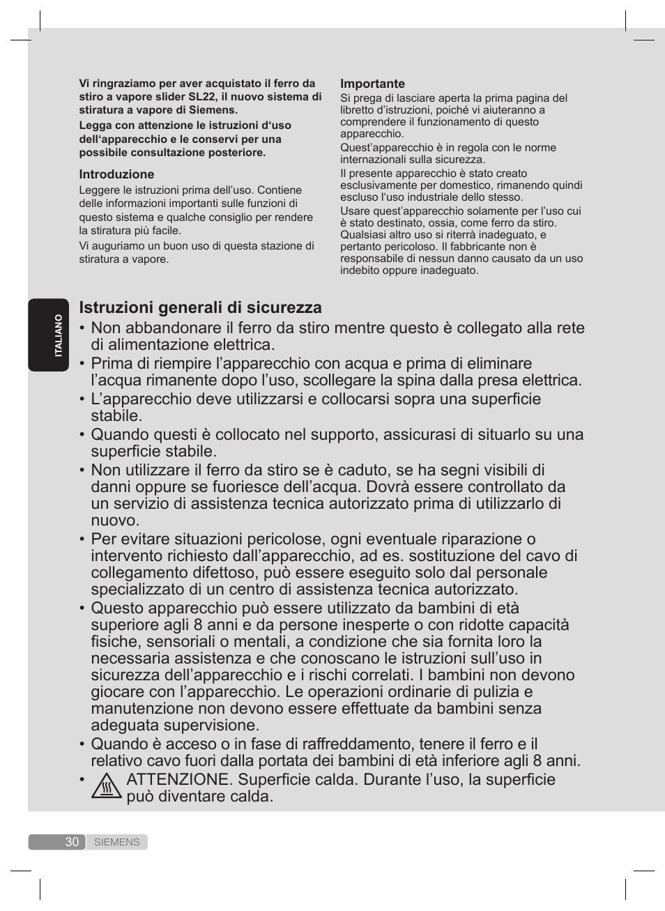 Istruzioni generali di sicurezza | Siemens TS22XTRM User Manual | Page 30 / 160