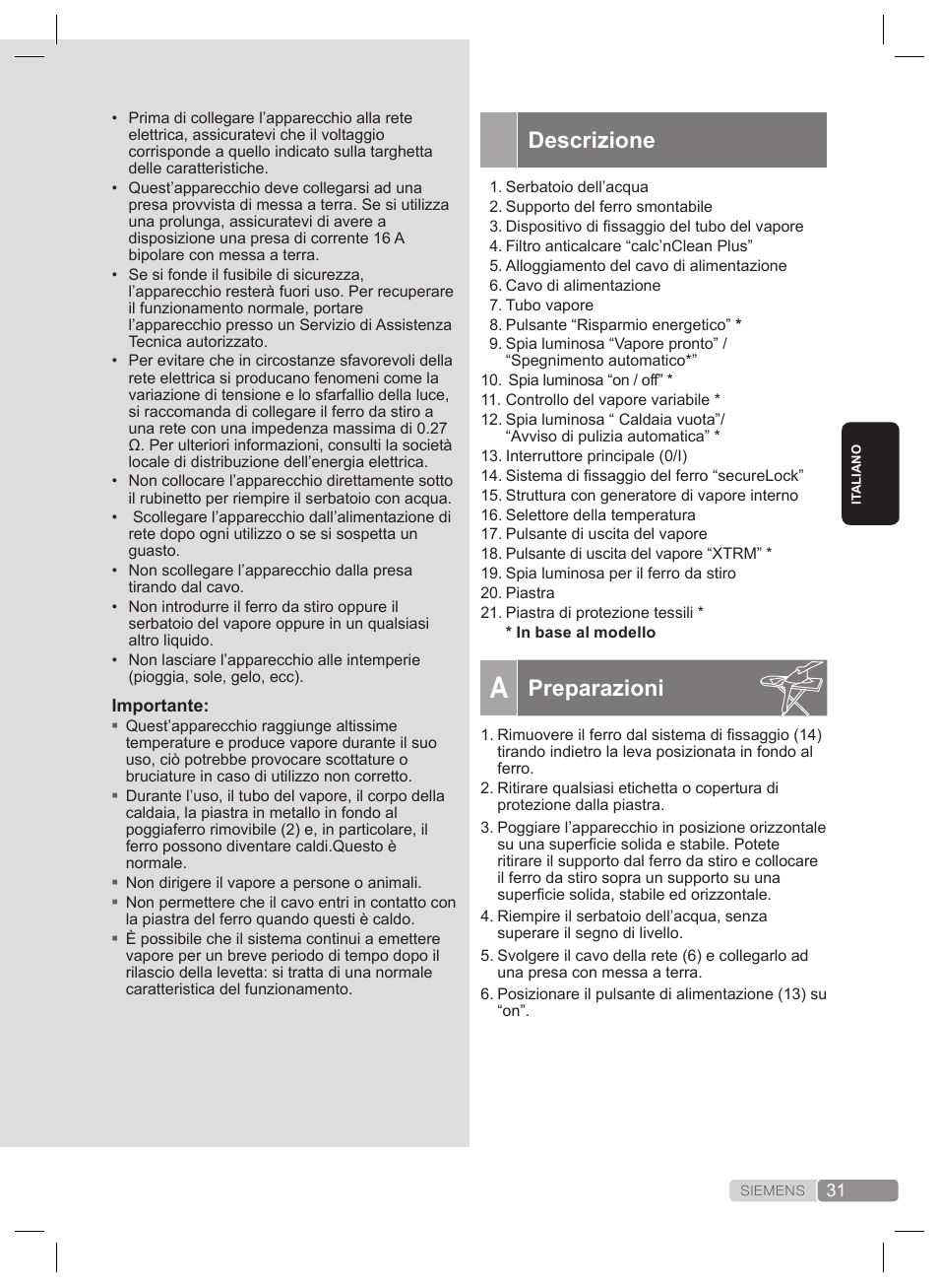 Descrizione, Preparazioni | Siemens TS22XTRM User Manual | Page 31 / 160