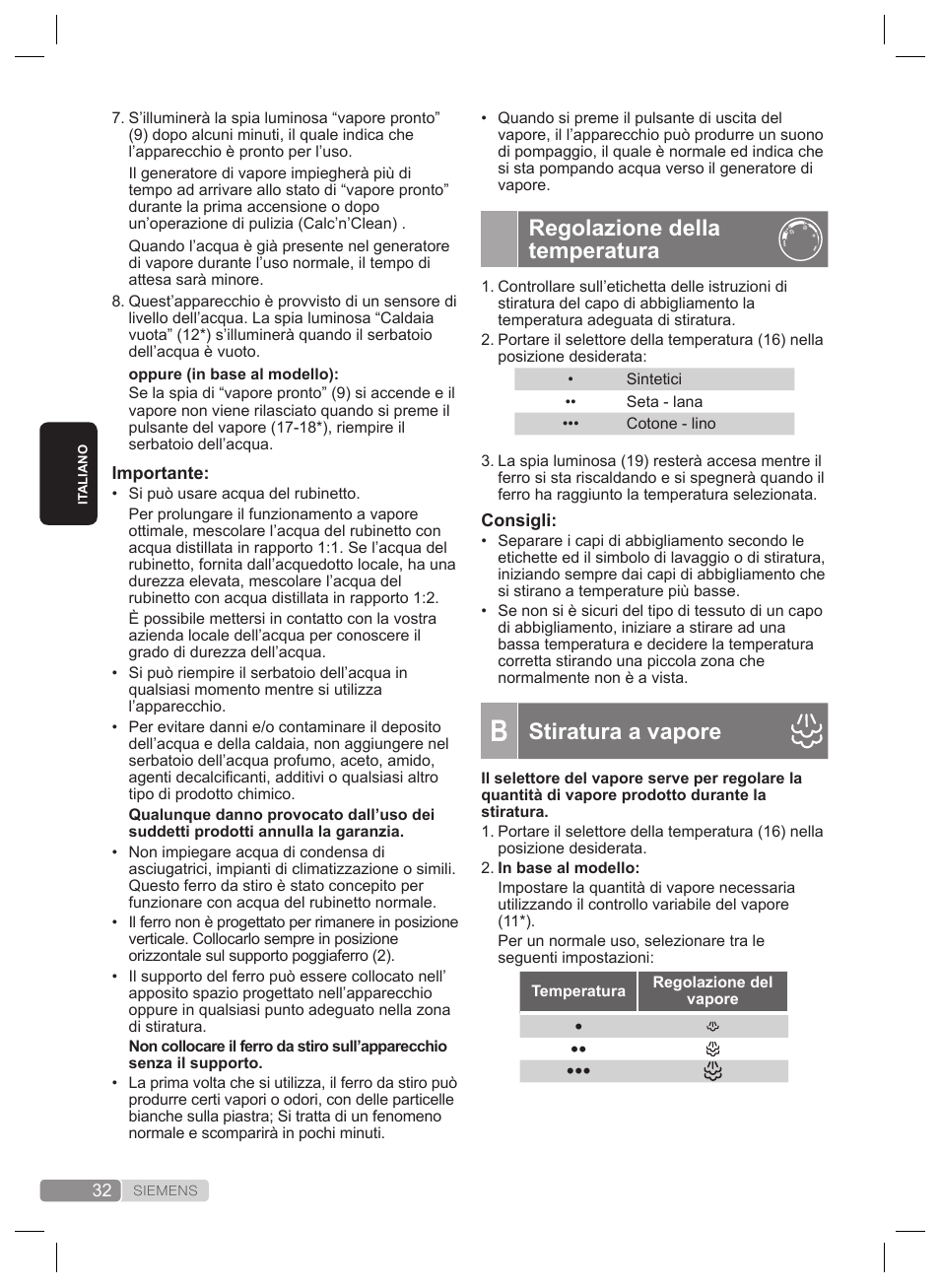 Regolazione della temperatura, Stiratura a vapore | Siemens TS22XTRM User Manual | Page 32 / 160