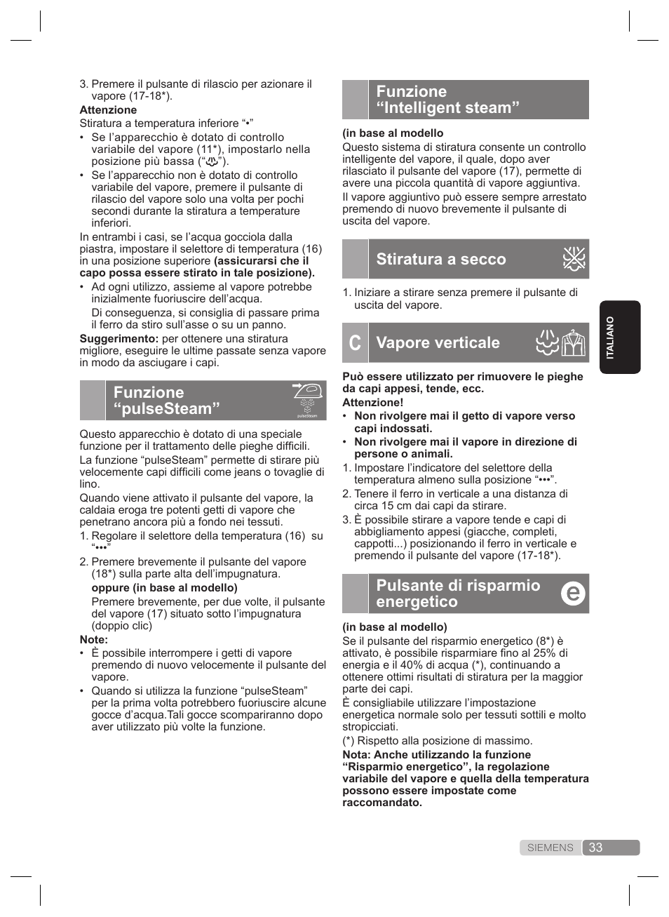 Funzione “intelligent steam, Stiratura a secco, Vapore verticale | Pulsante di risparmio energetico, Funzione “pulsesteam | Siemens TS22XTRM User Manual | Page 33 / 160