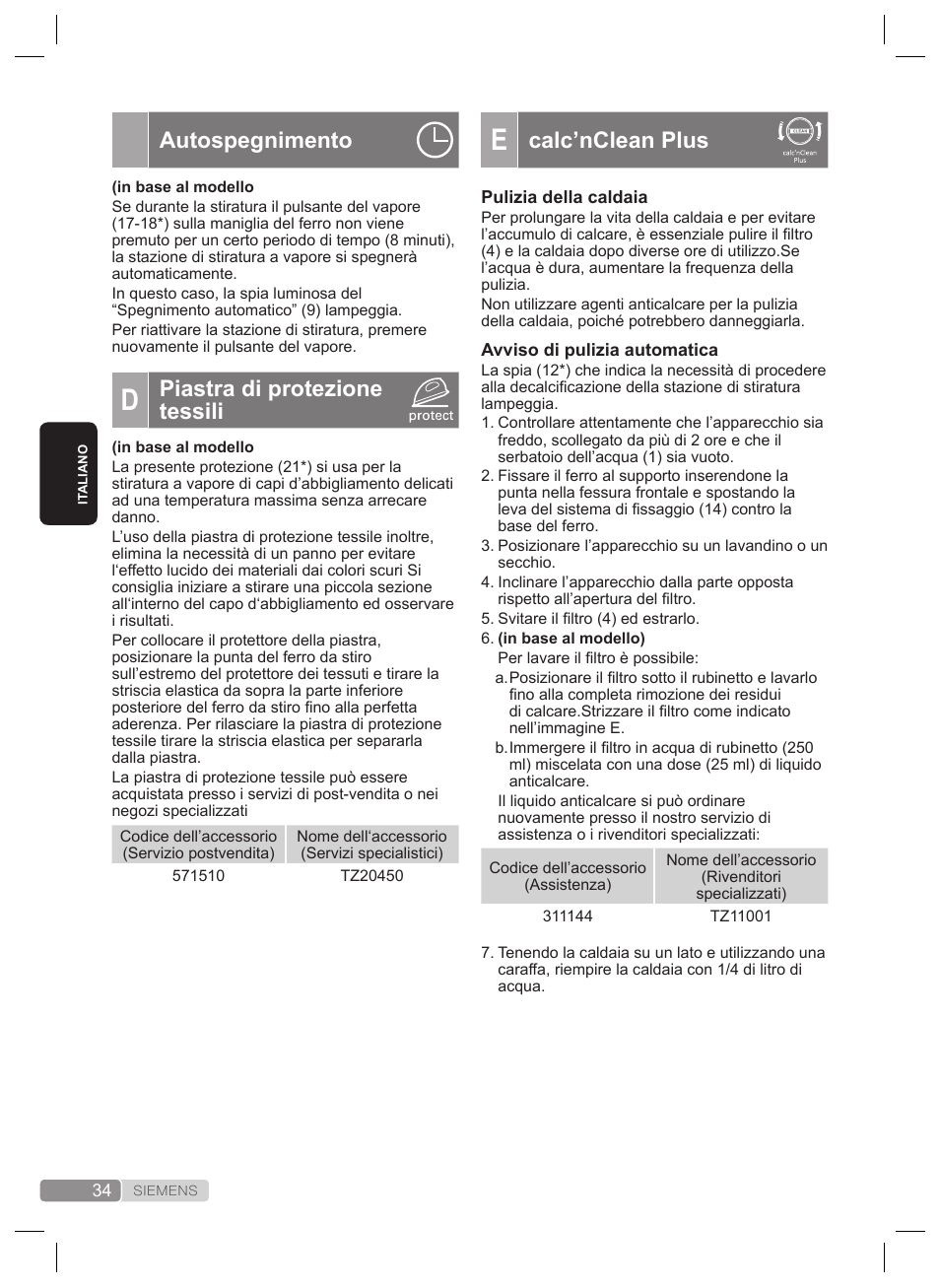 Calc’nclean plus, Autospegnimento, Piastra di protezione tessili | Siemens TS22XTRM User Manual | Page 34 / 160