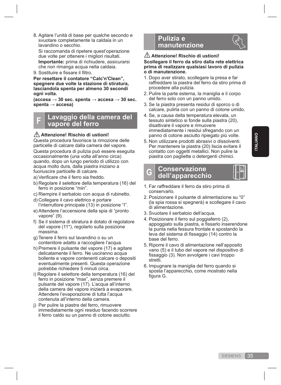 Pulizia e manutenzione, Conservazione dell’apparecchio, Lavaggio della camera del vapore del ferro | Siemens TS22XTRM User Manual | Page 35 / 160