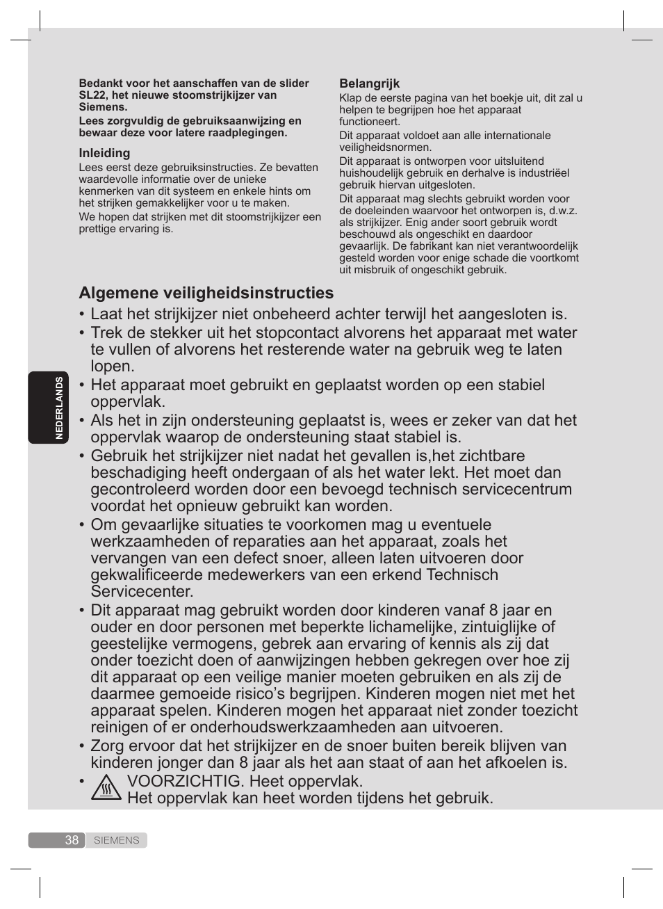 Algemene veiligheidsinstructies | Siemens TS22XTRM User Manual | Page 38 / 160