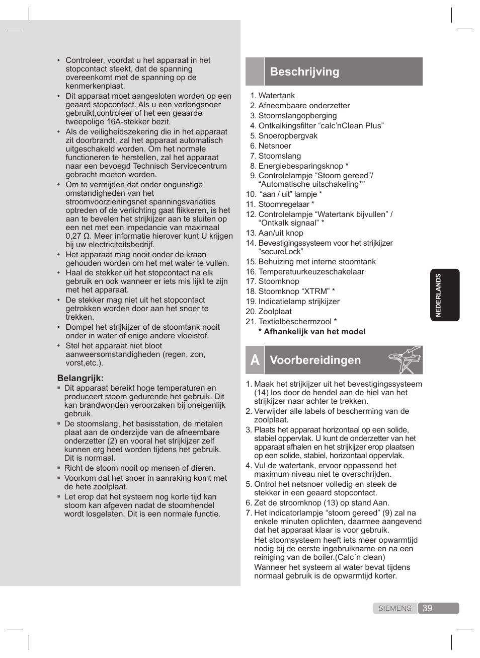Beschrijving, Voorbereidingen | Siemens TS22XTRM User Manual | Page 39 / 160