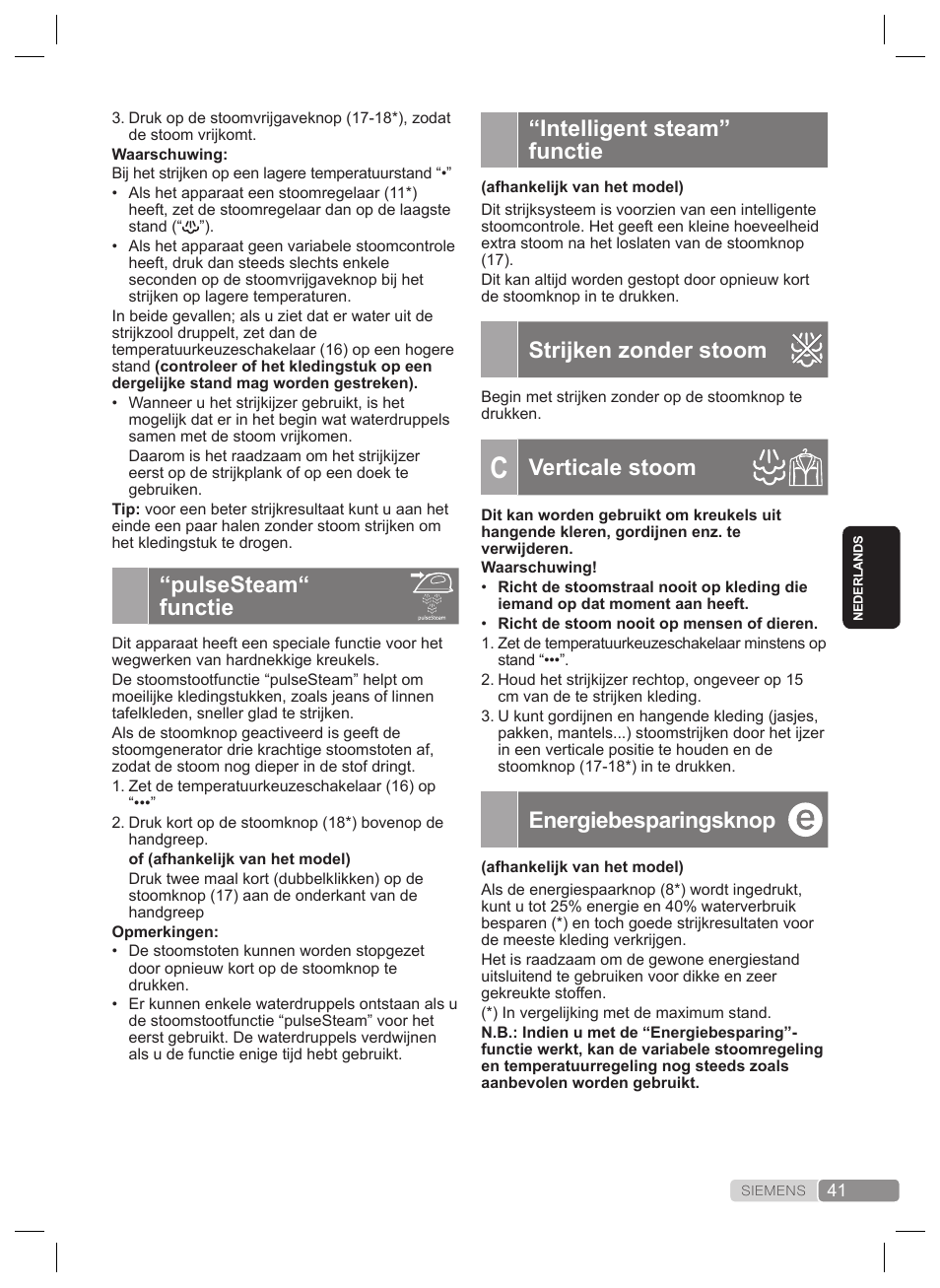 Intelligent steam” functie, Strijken zonder stoom, Verticale stoom | Energiebesparingsknop, Pulsesteam“ functie | Siemens TS22XTRM User Manual | Page 41 / 160