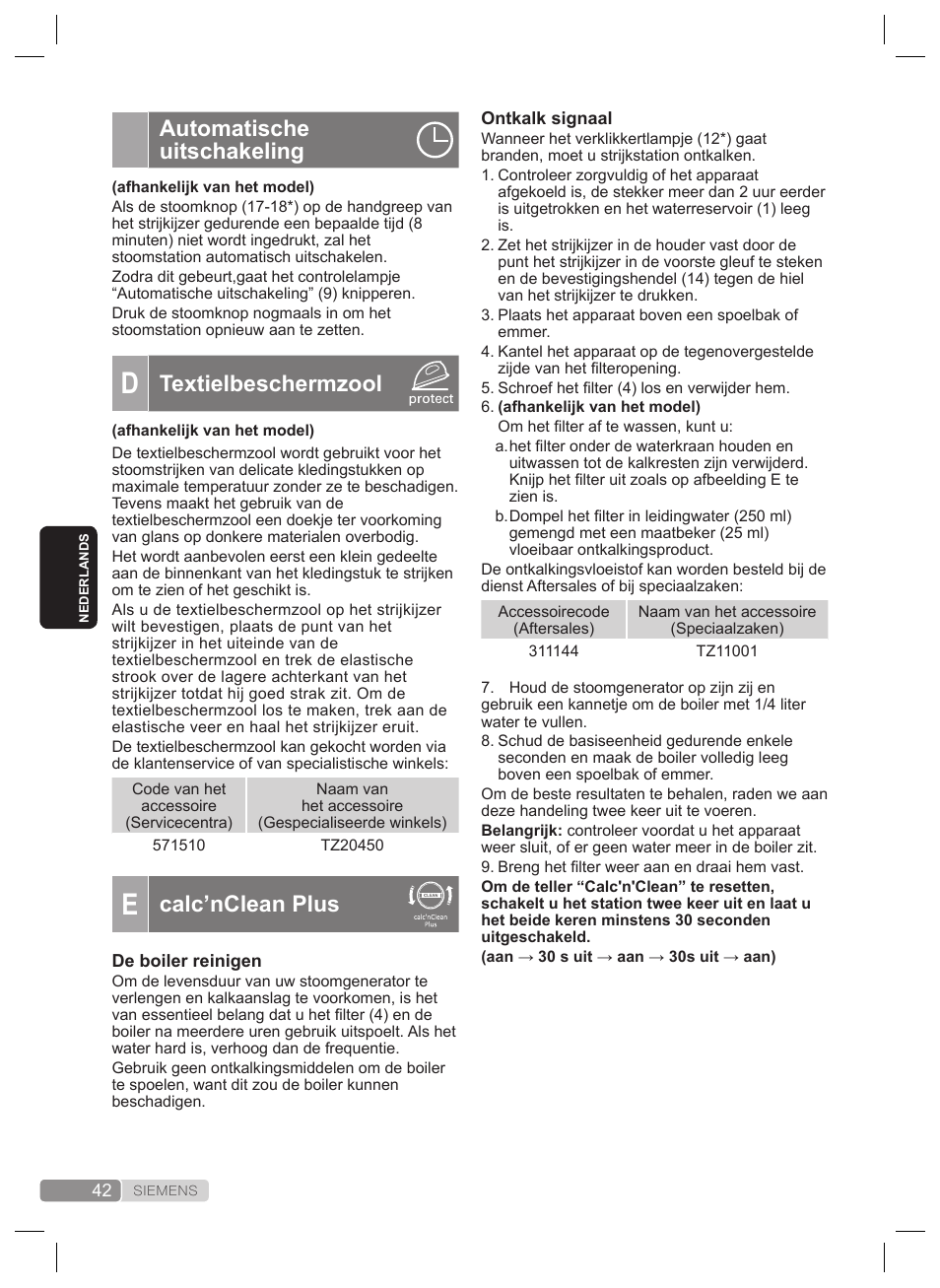 Automatische uitschakeling, Textielbeschermzool, Calc’nclean plus | Siemens TS22XTRM User Manual | Page 42 / 160