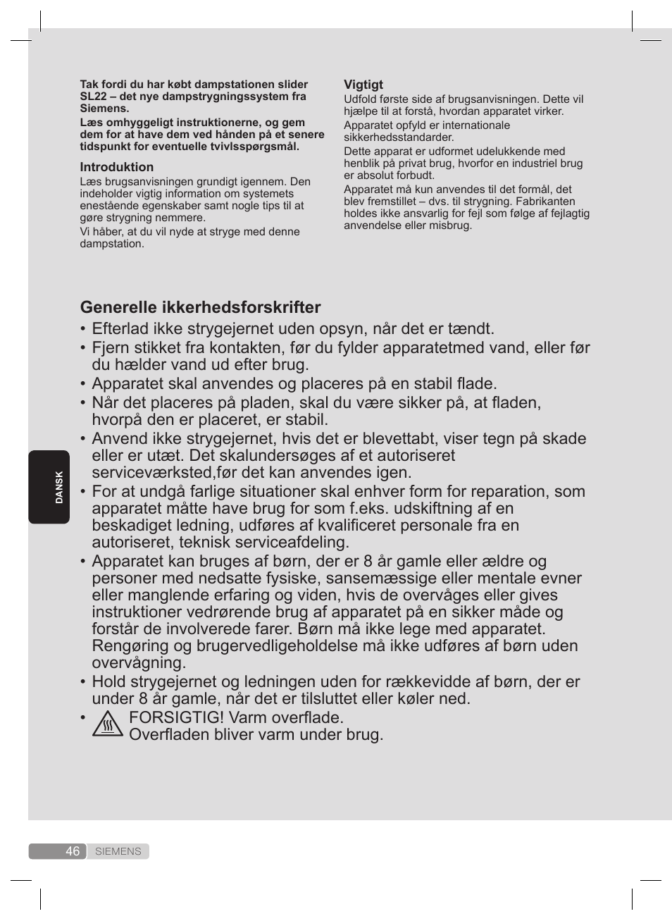 Generelle ikkerhedsforskrifter | Siemens TS22XTRM User Manual | Page 46 / 160