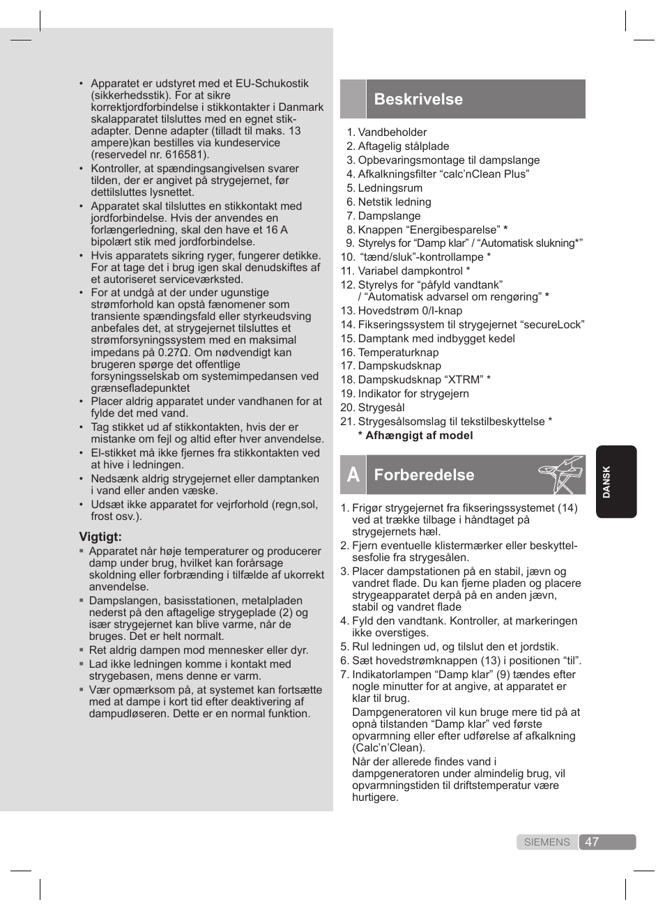 Beskrivelse, Forberedelse | Siemens TS22XTRM User Manual | Page 47 / 160