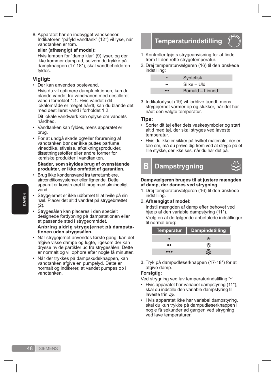 Temperaturindstilling, Dampstrygning | Siemens TS22XTRM User Manual | Page 48 / 160