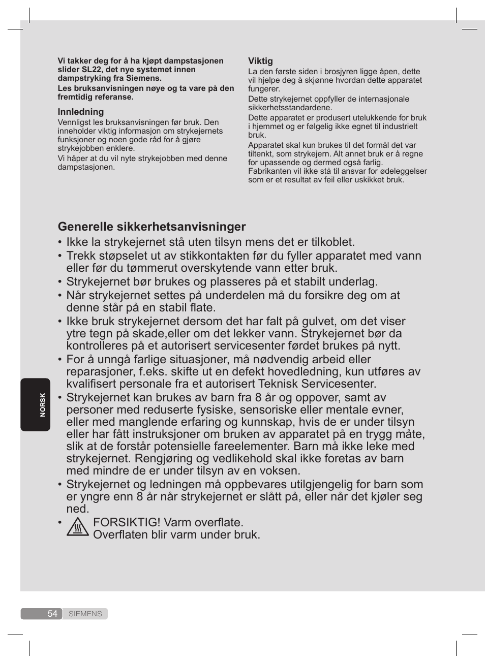 Generelle sikkerhetsanvisninger | Siemens TS22XTRM User Manual | Page 54 / 160