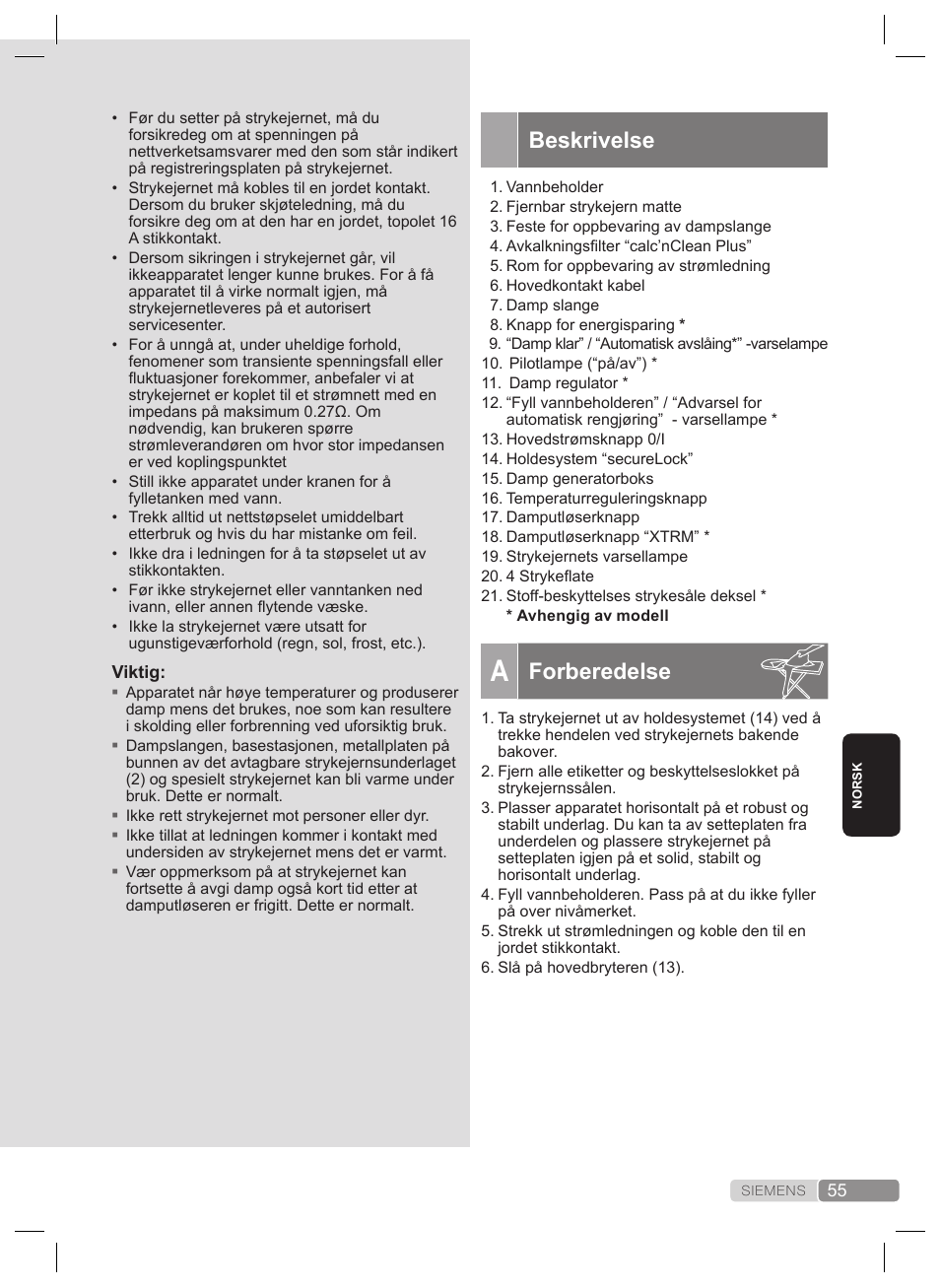 Beskrivelse, Forberedelse | Siemens TS22XTRM User Manual | Page 55 / 160