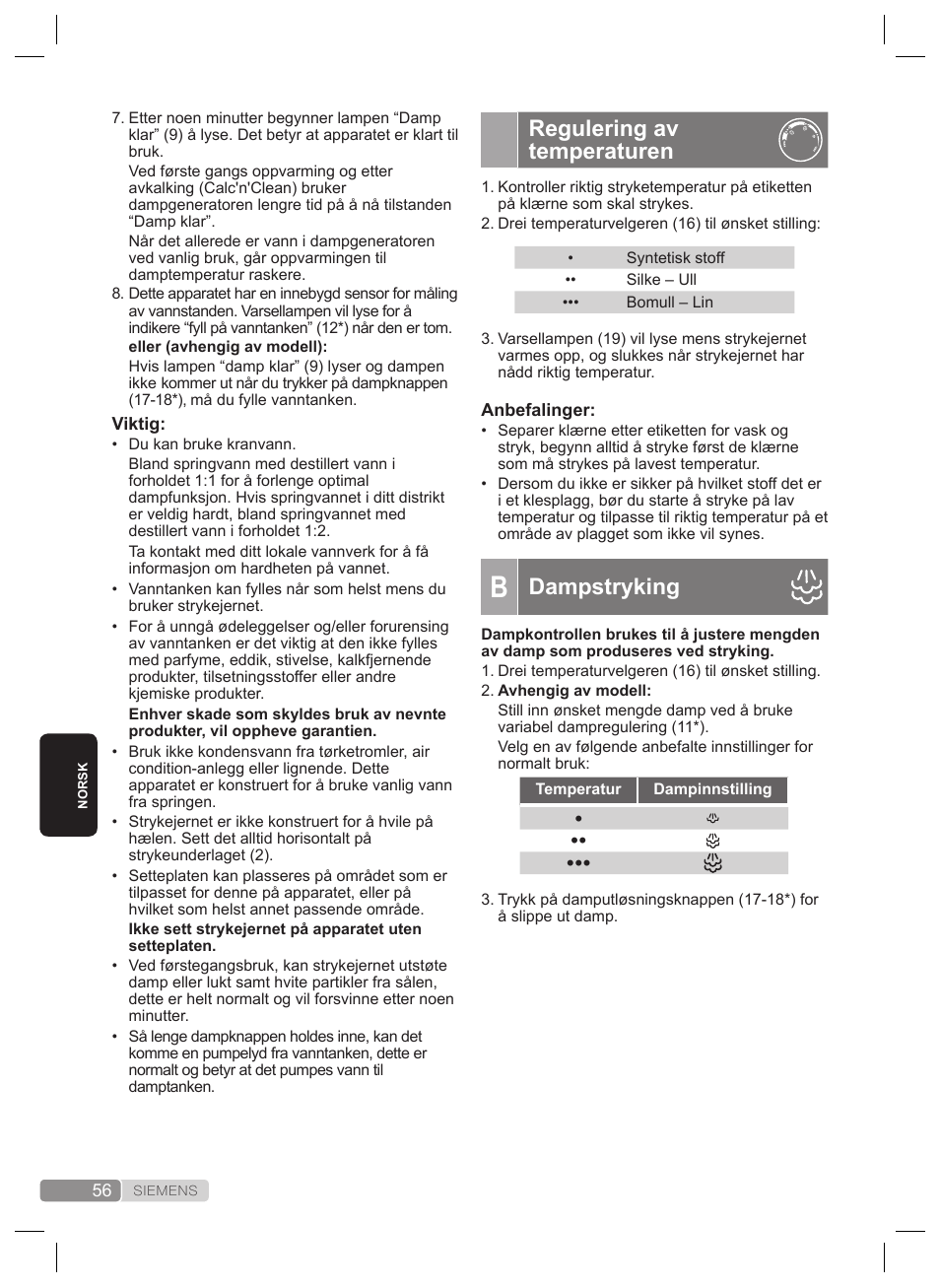 Regulering av temperaturen, Dampstryking | Siemens TS22XTRM User Manual | Page 56 / 160