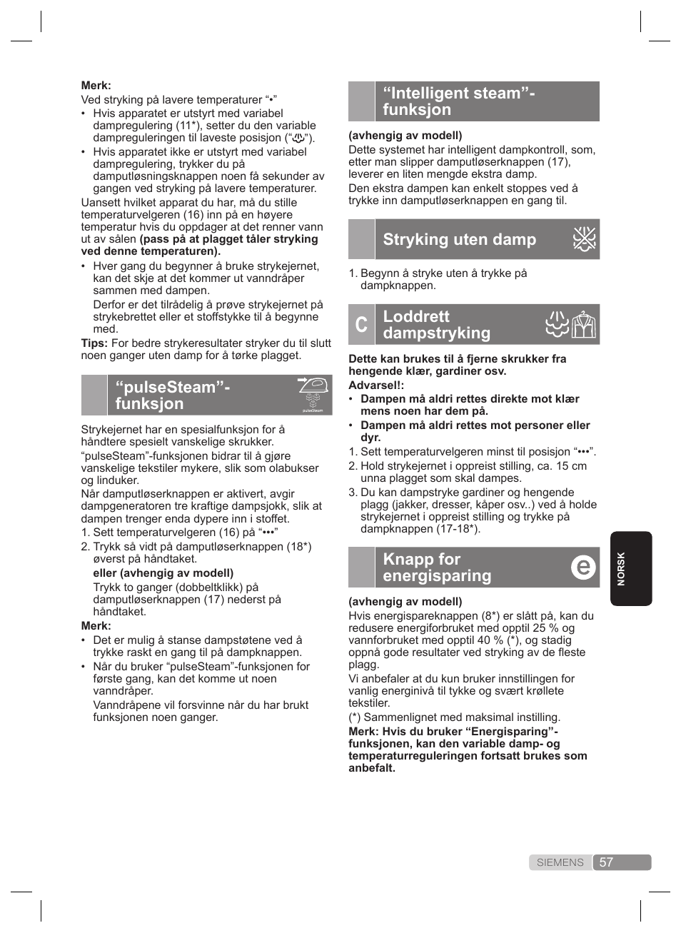 Intelligent steam”- funksjon, Stryking uten damp, Loddrett dampstryking | Knapp for energisparing, Pulsesteam”- funksjon | Siemens TS22XTRM User Manual | Page 57 / 160
