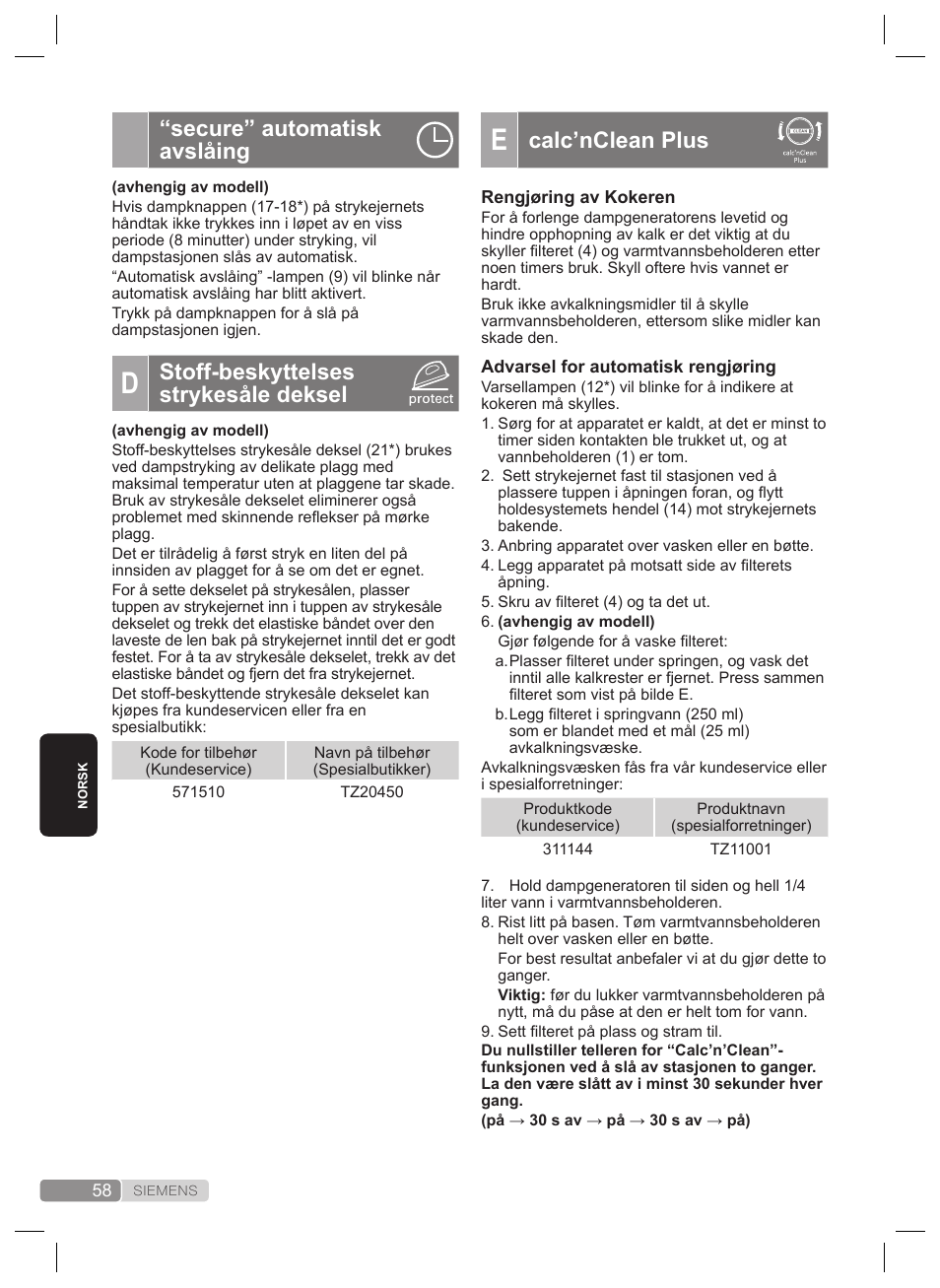 Calc’nclean plus, Secure” automatisk avslåing, Stoff-beskyttelses strykesåle deksel | Siemens TS22XTRM User Manual | Page 58 / 160