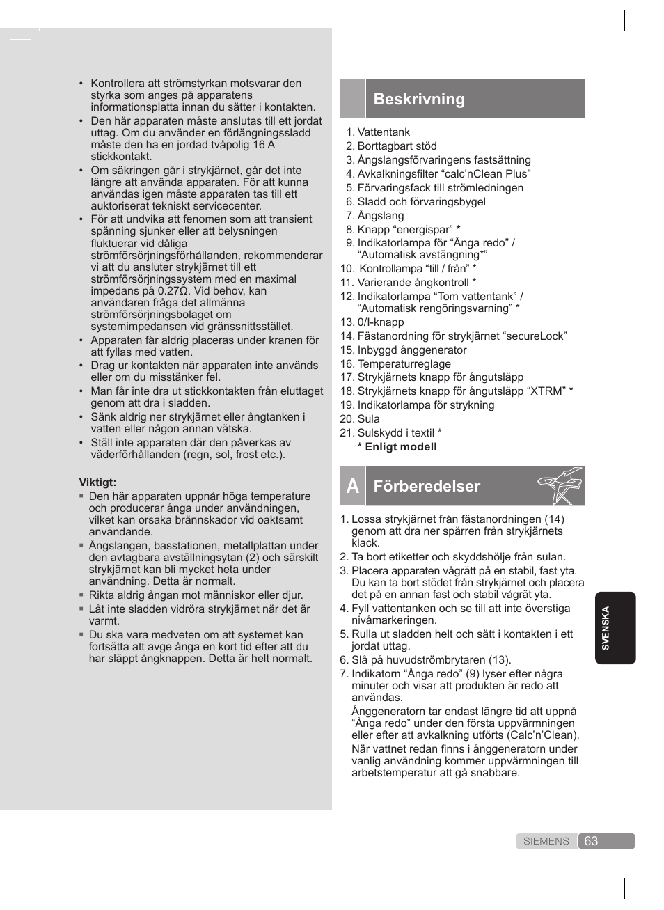 Beskrivning, Förberedelser | Siemens TS22XTRM User Manual | Page 63 / 160