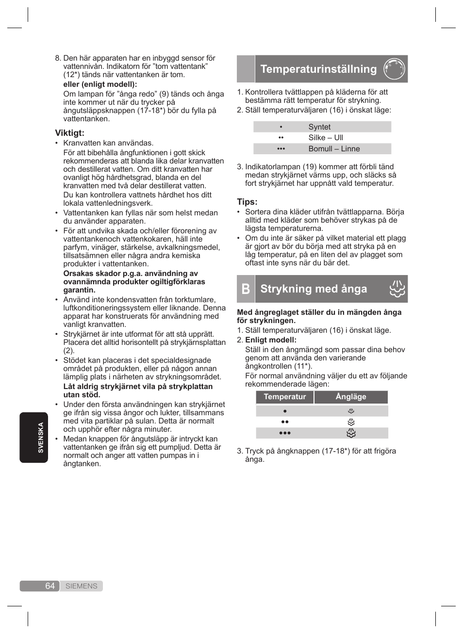 Temperaturinställning, Strykning med ånga | Siemens TS22XTRM User Manual | Page 64 / 160