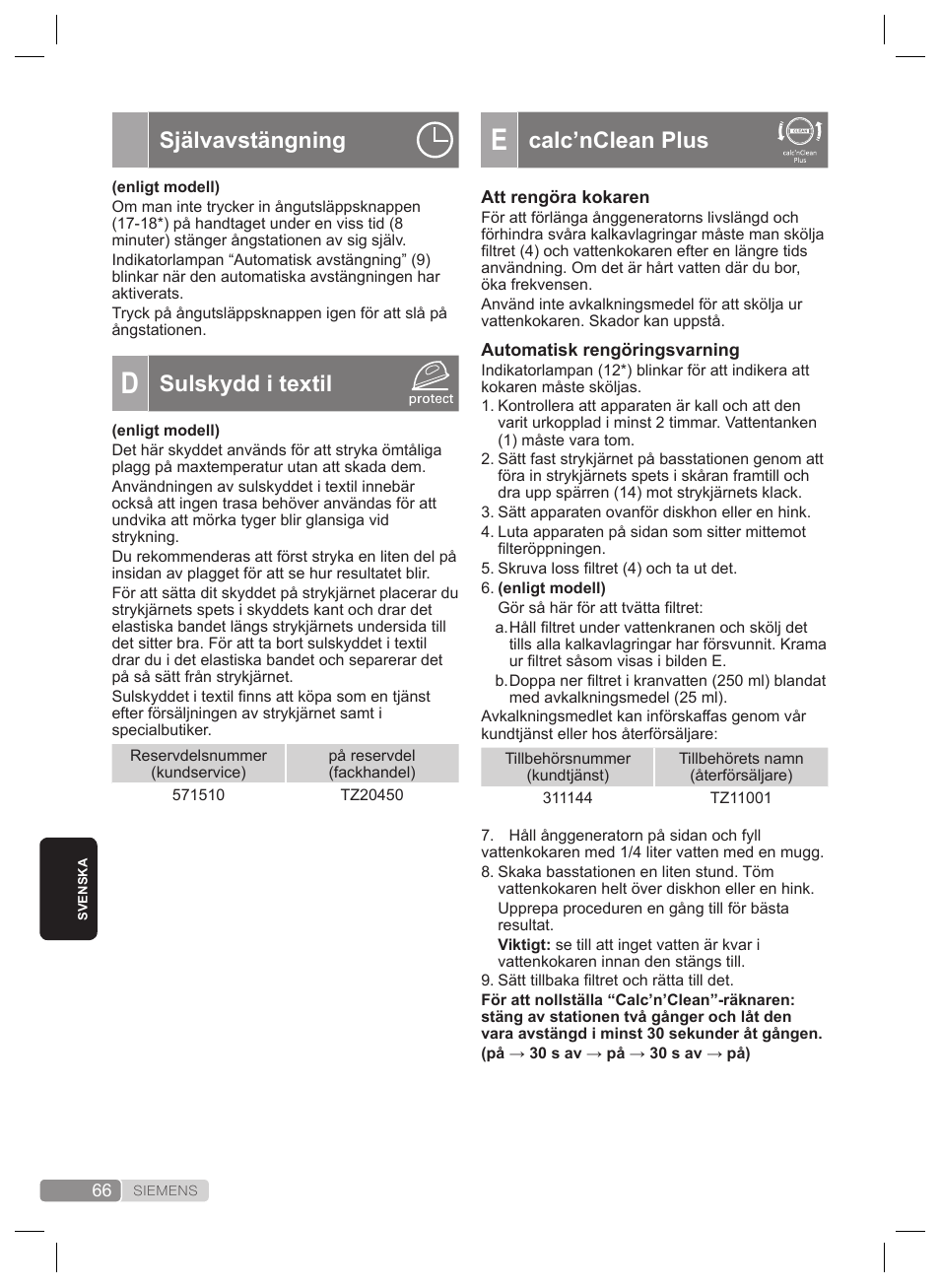 Calc’nclean plus, Självavstängning, Sulskydd i textil | Siemens TS22XTRM User Manual | Page 66 / 160