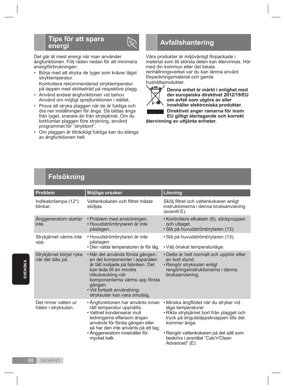 Felsökning, Tips för att spara energi, Avfallshantering | Siemens TS22XTRM User Manual | Page 68 / 160