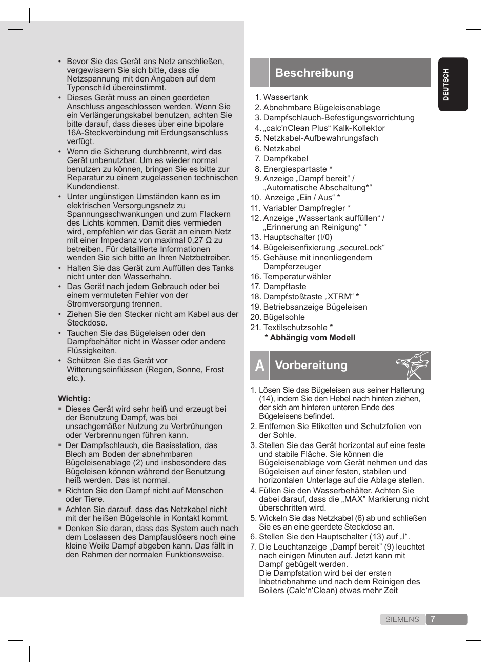 Beschreibung, Vorbereitung | Siemens TS22XTRM User Manual | Page 7 / 160