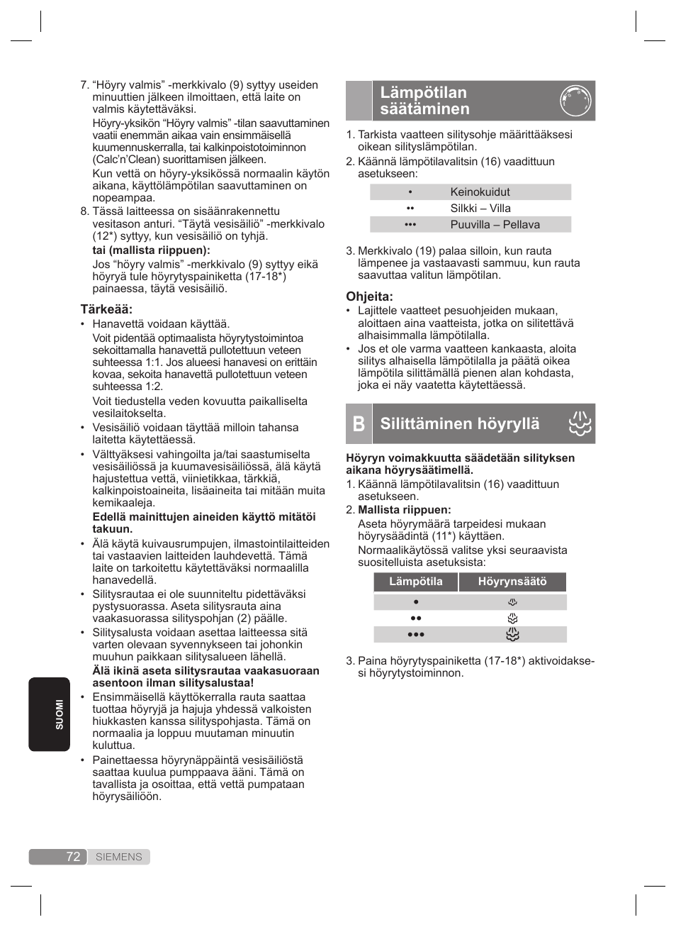 Lämpötilan säätäminen, Silittäminen höyryllä | Siemens TS22XTRM User Manual | Page 72 / 160