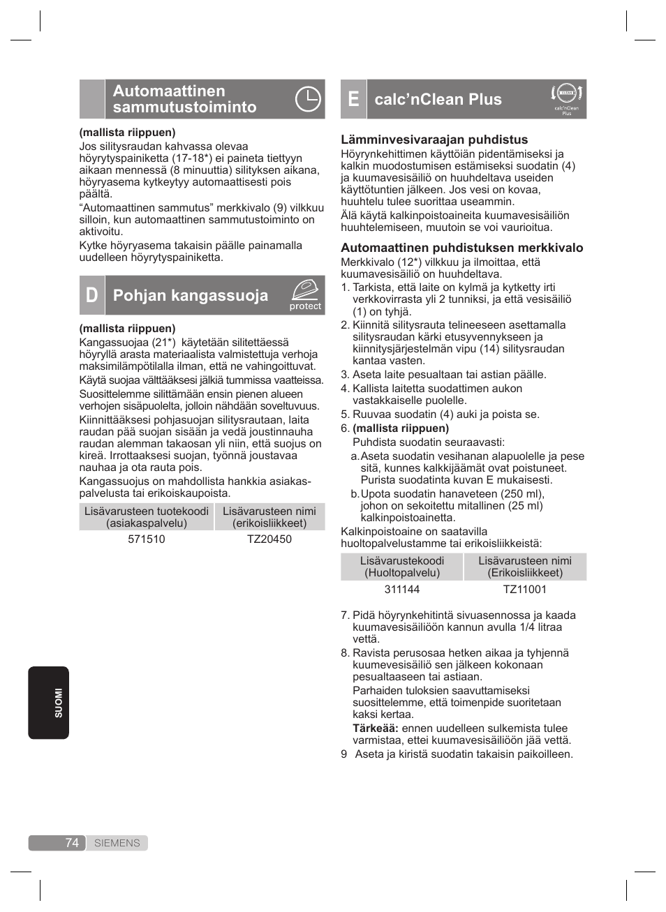 Calc’nclean plus, Automaattinen sammutustoiminto, Pohjan kangassuoja | Siemens TS22XTRM User Manual | Page 74 / 160