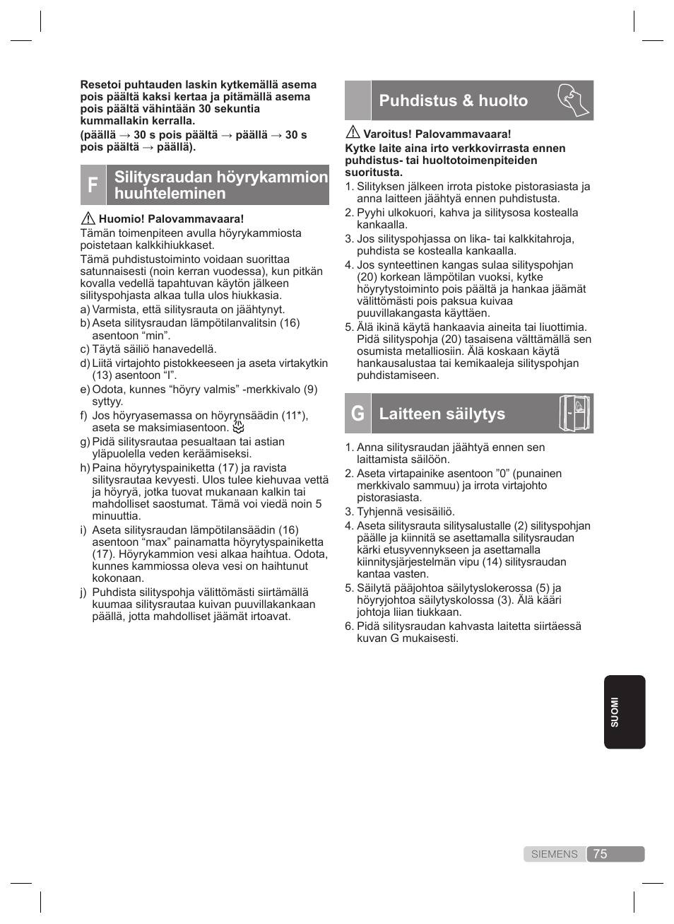 Silitysraudan höyrykammion huuhteleminen, Puhdistus & huolto, Laitteen säilytys | Siemens TS22XTRM User Manual | Page 75 / 160